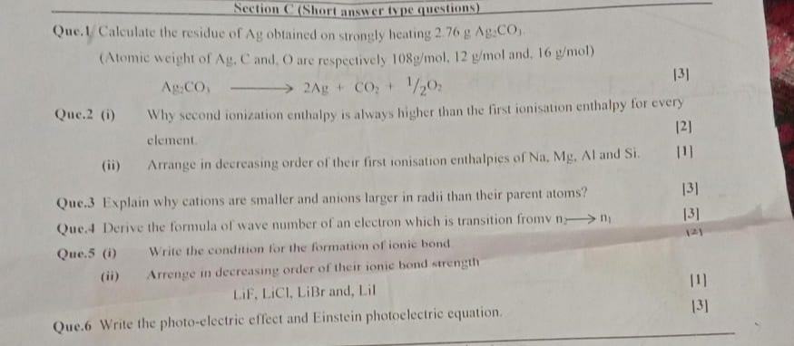 Section C (Short answer type quevtions)
Que. 1 Calculate the residue o