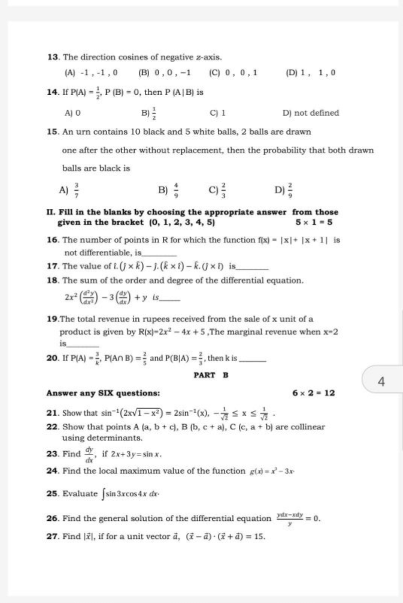 13. The direction cosines of negative z-axis.
(A) −1,−1,0
(B) 0,0,−1
(