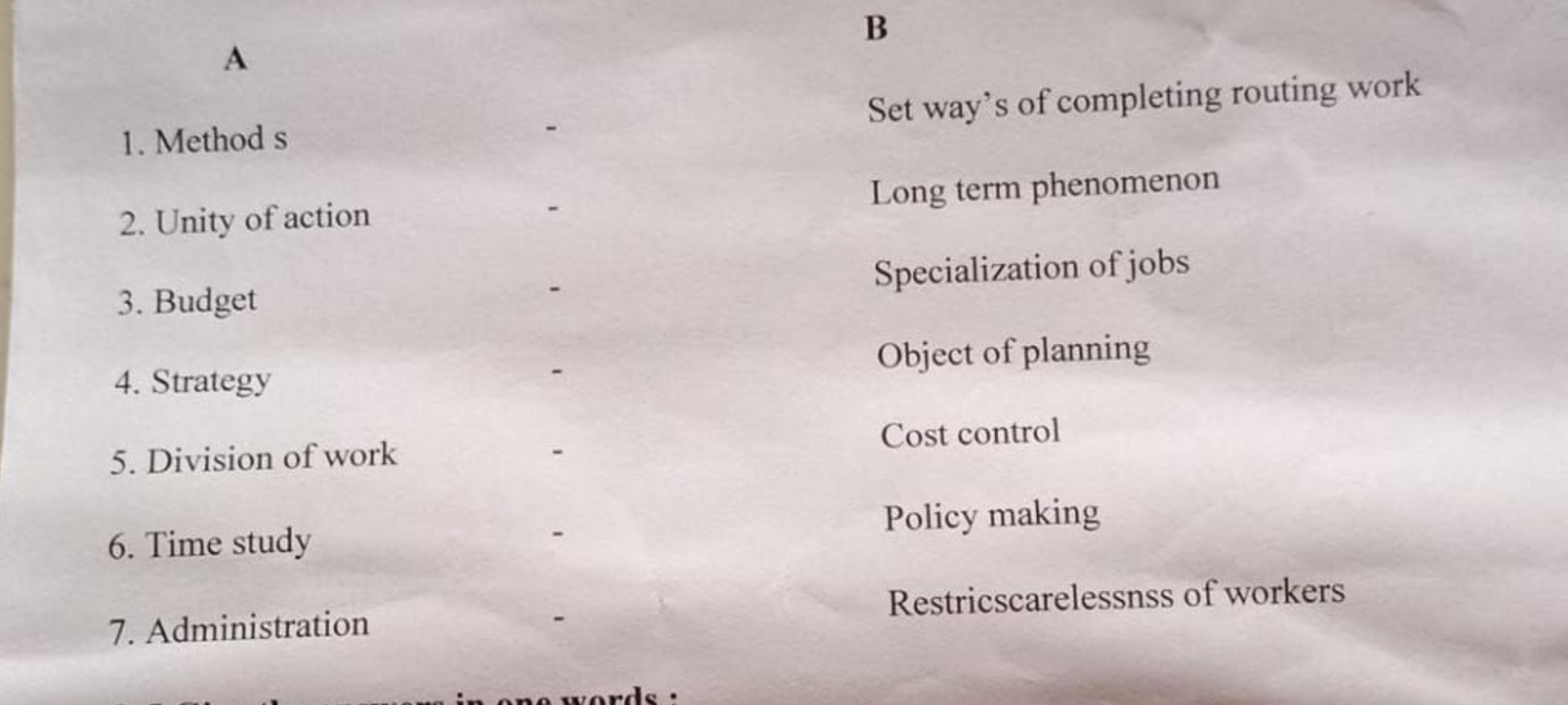 A
1. Method s
2. Unity of action
3. Budget
4. Strategy
5. Division of 