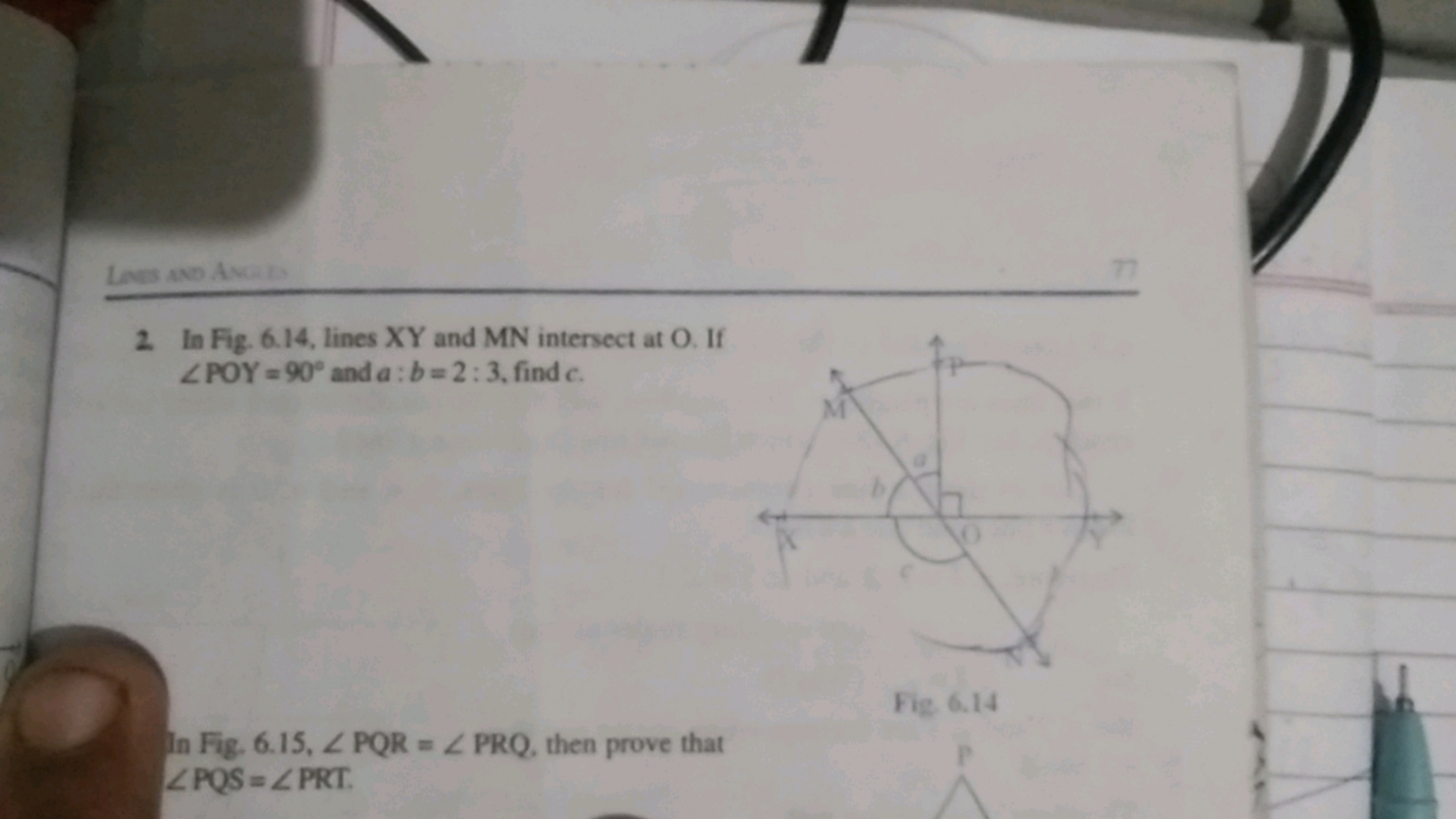 LINES AND ANGLES
2. In Fig. 6.14, lines XY and MN intersect at O. If
P