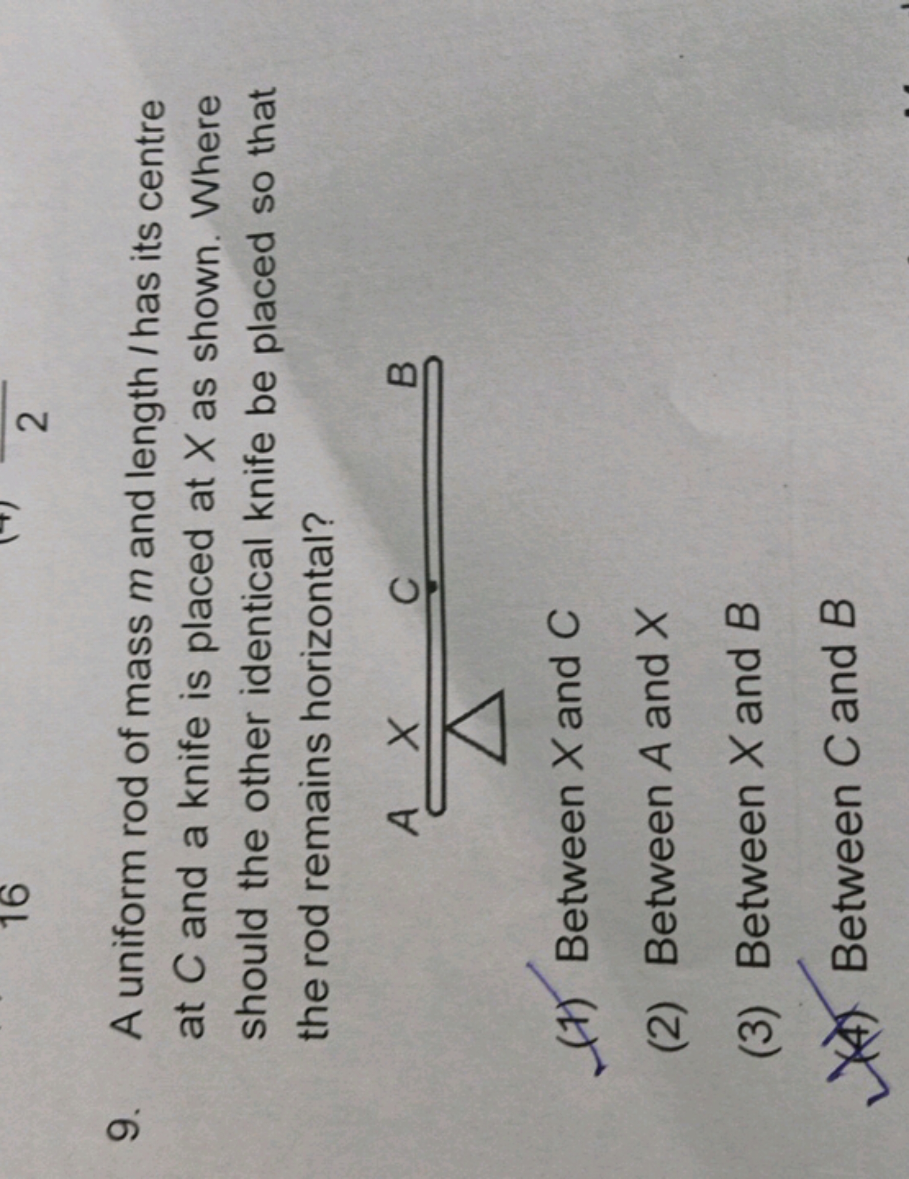 16
2
9. A uniform rod of mass m and length/has its centre
at C and a k