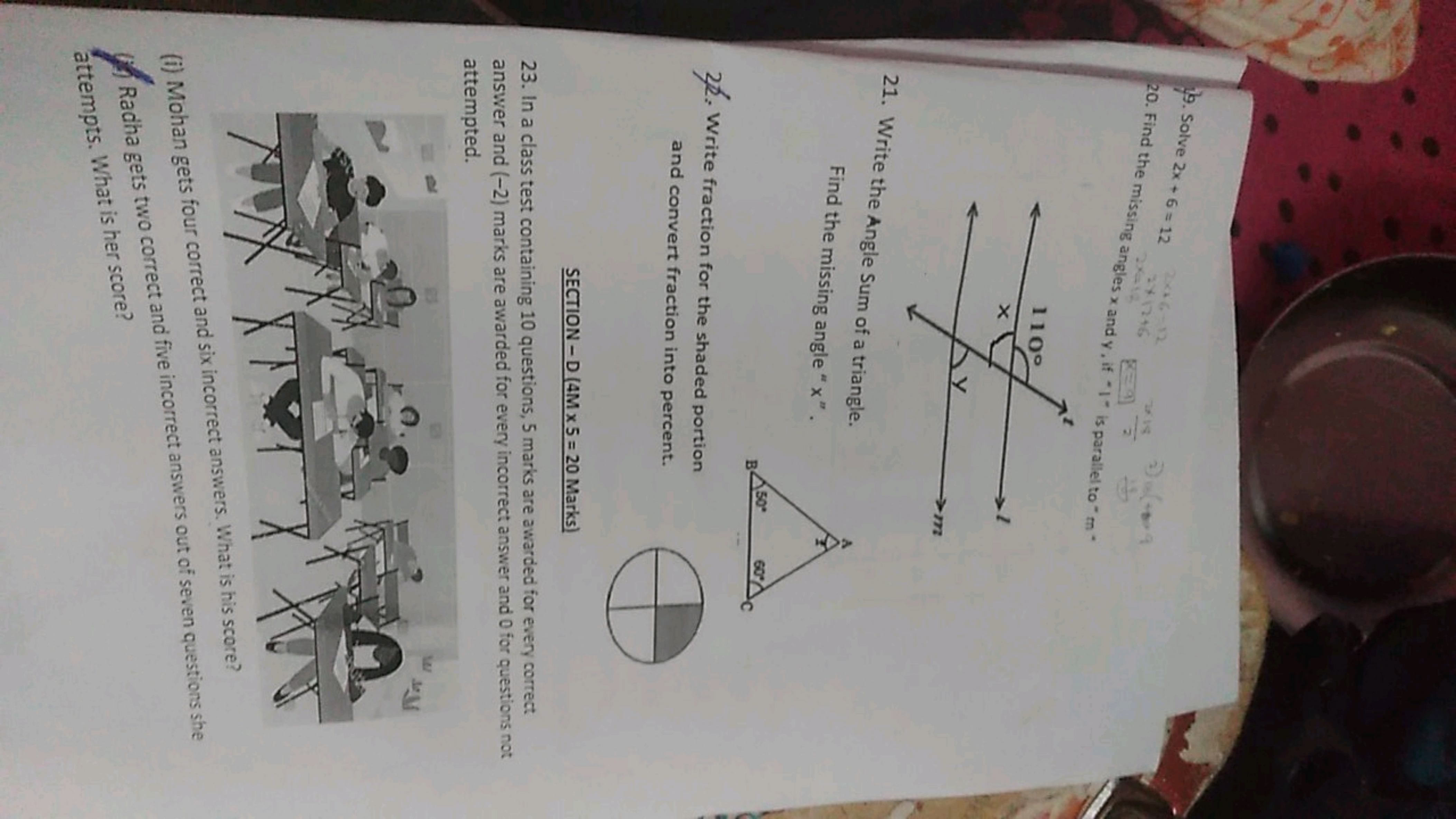 i). Solve 2x+6=12
20. Find the missing angles x and y, if "1- is paral