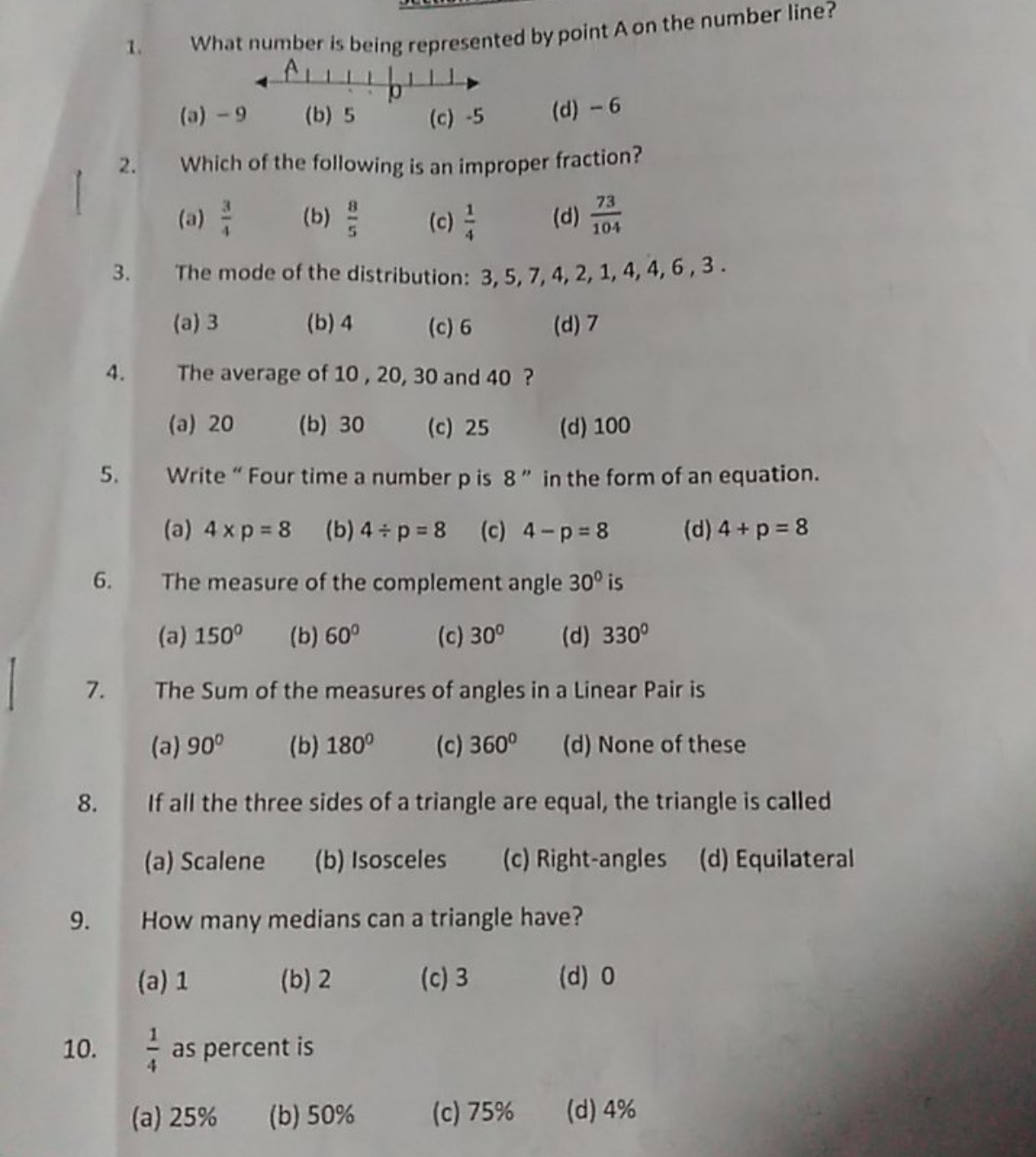 1. What number is being represented by point A on the number line?
(a)