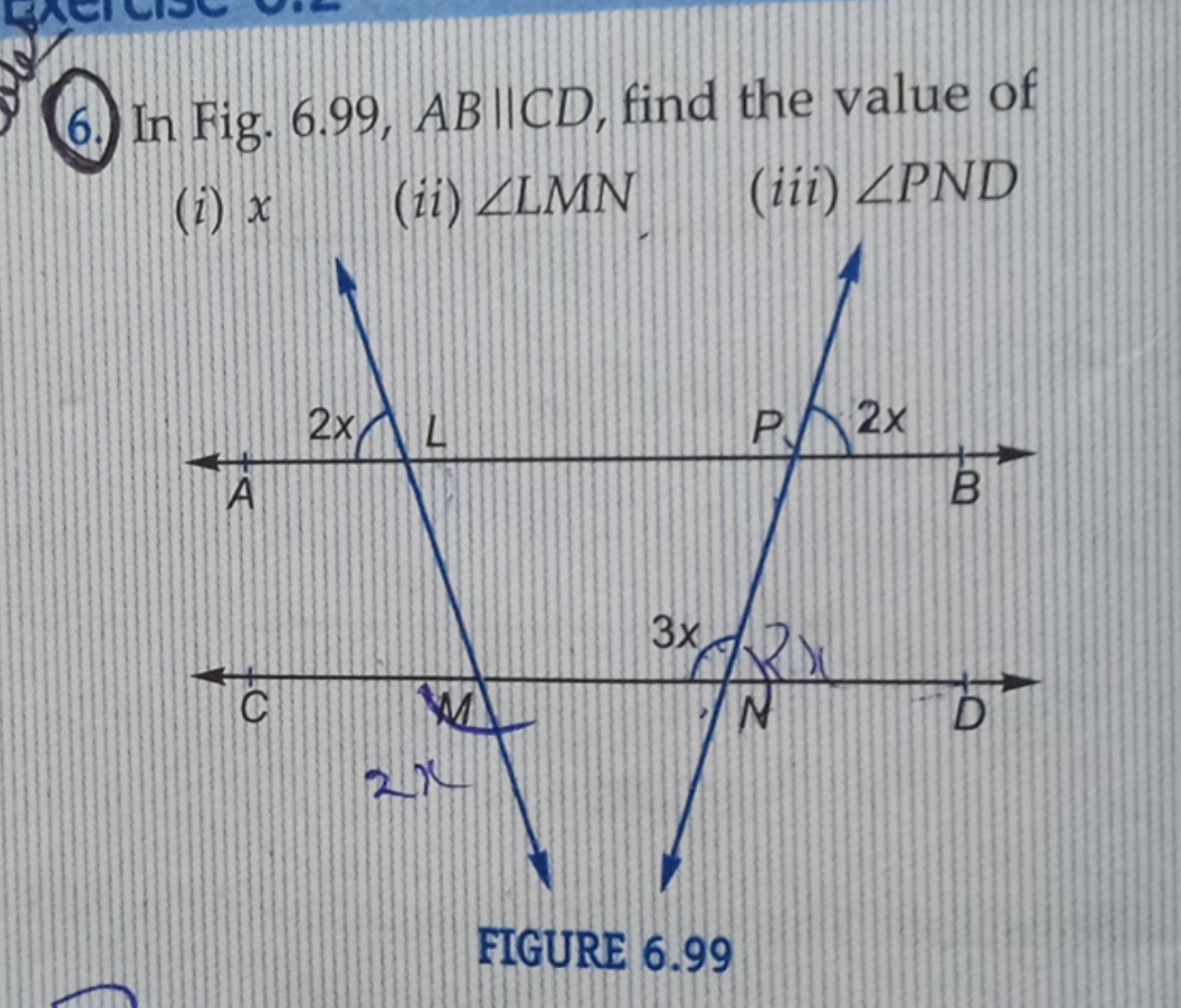 6. In Fig. 6.99, AB∥CD, find the value of
(i) x
(ii) ∠LMN
(iii) ∠PND

