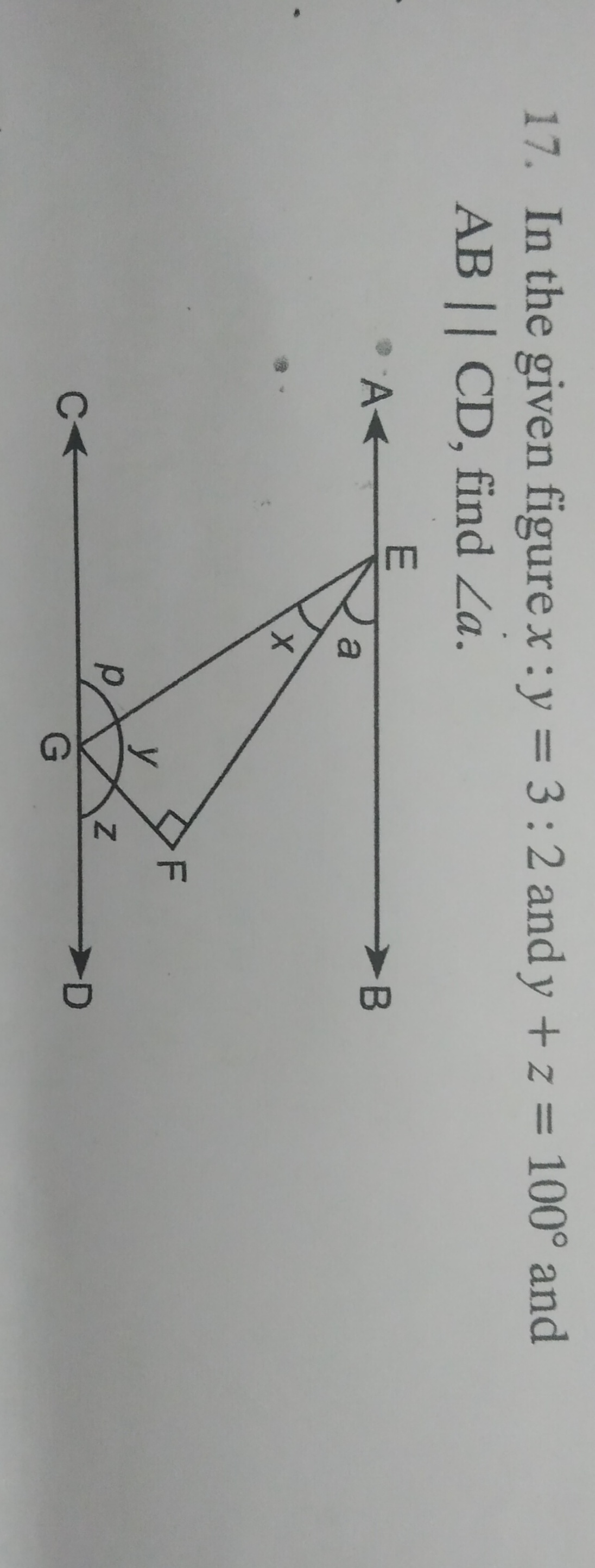 17. In the given figure x:y=3:2 and y+z=100∘ and AB∥CD, find ∠a.