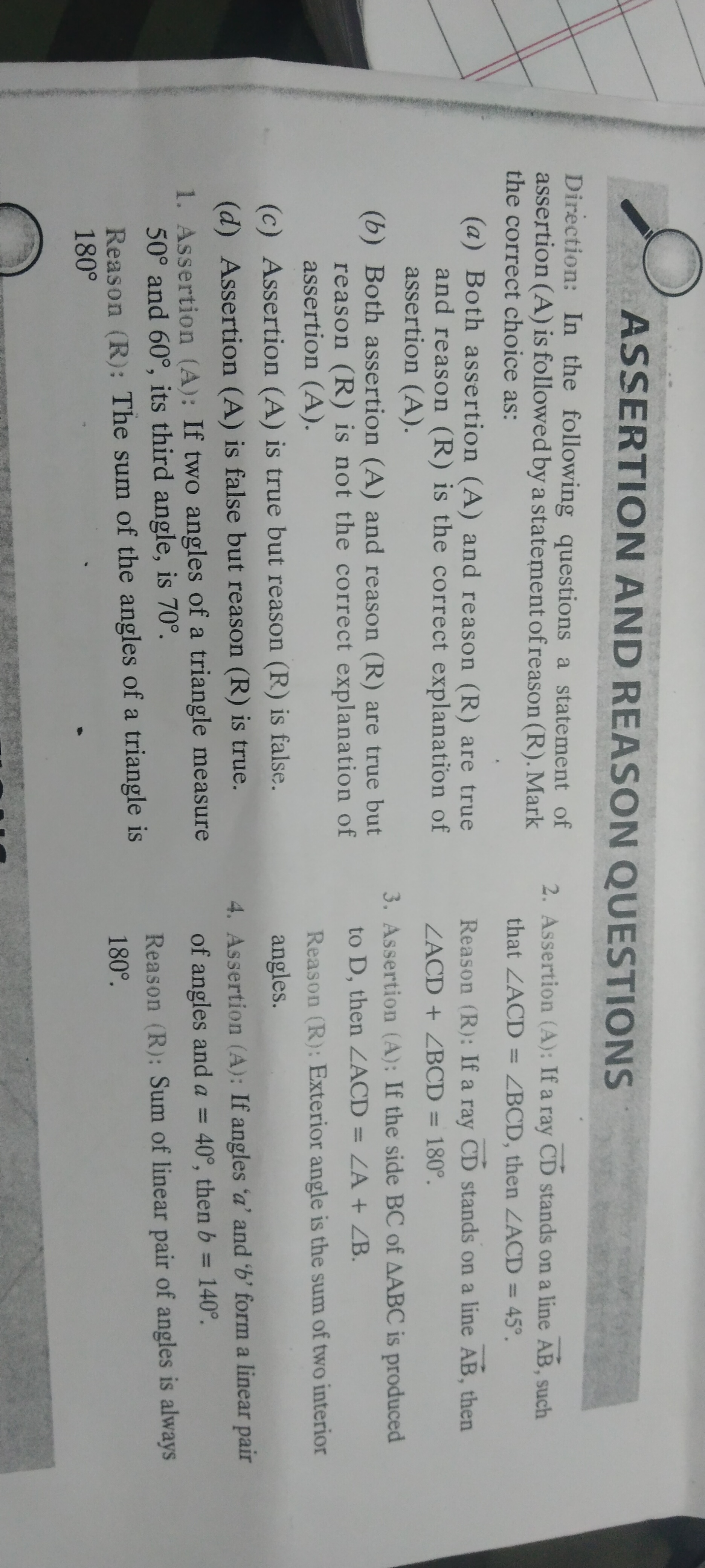 ASSERTION AND REASON QUESTIONS
Direction: In the following questions a