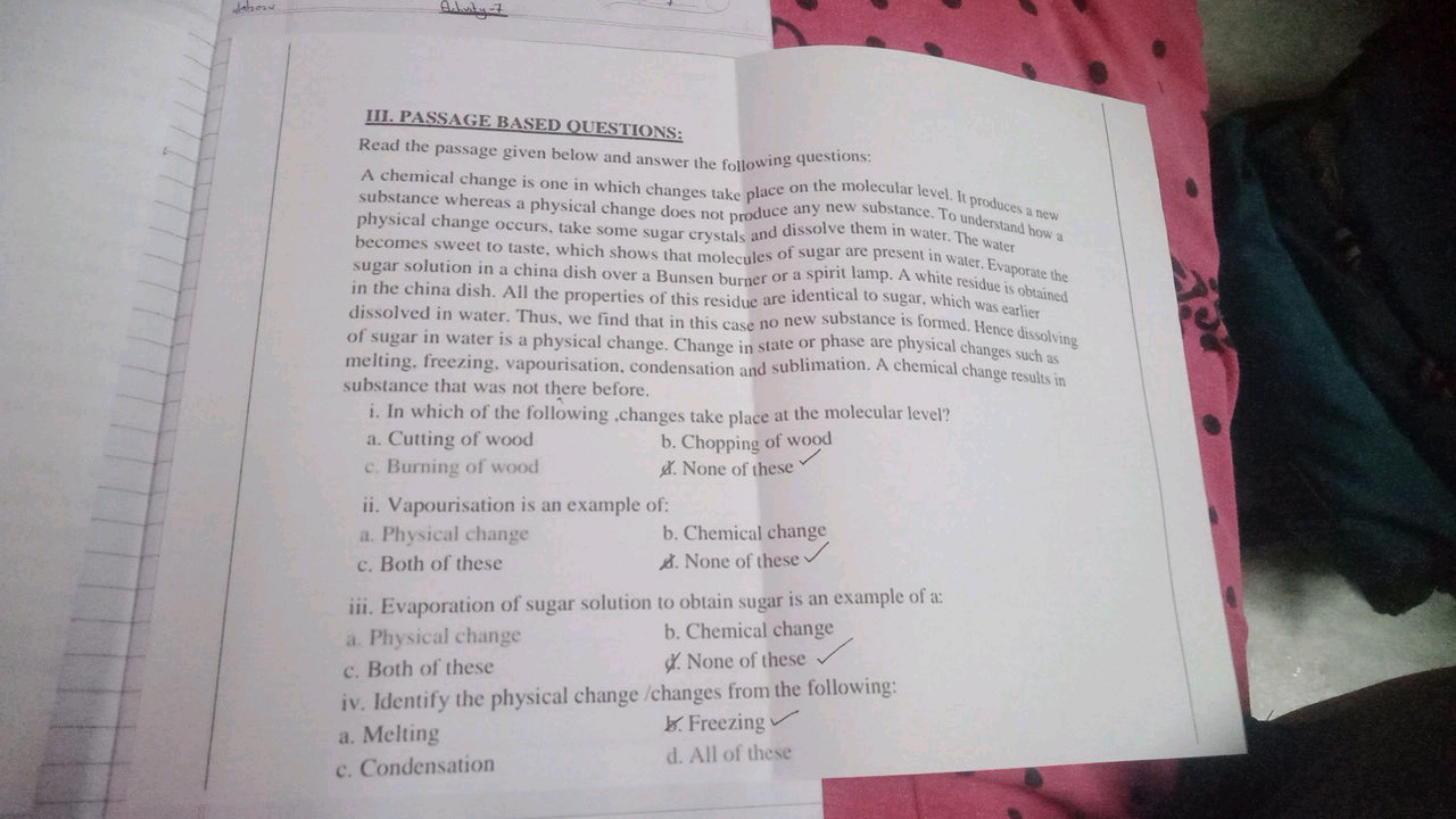 laboru
Achaty 7
III. PASSAGE BASED QUESTIONS:
Read the passage given b