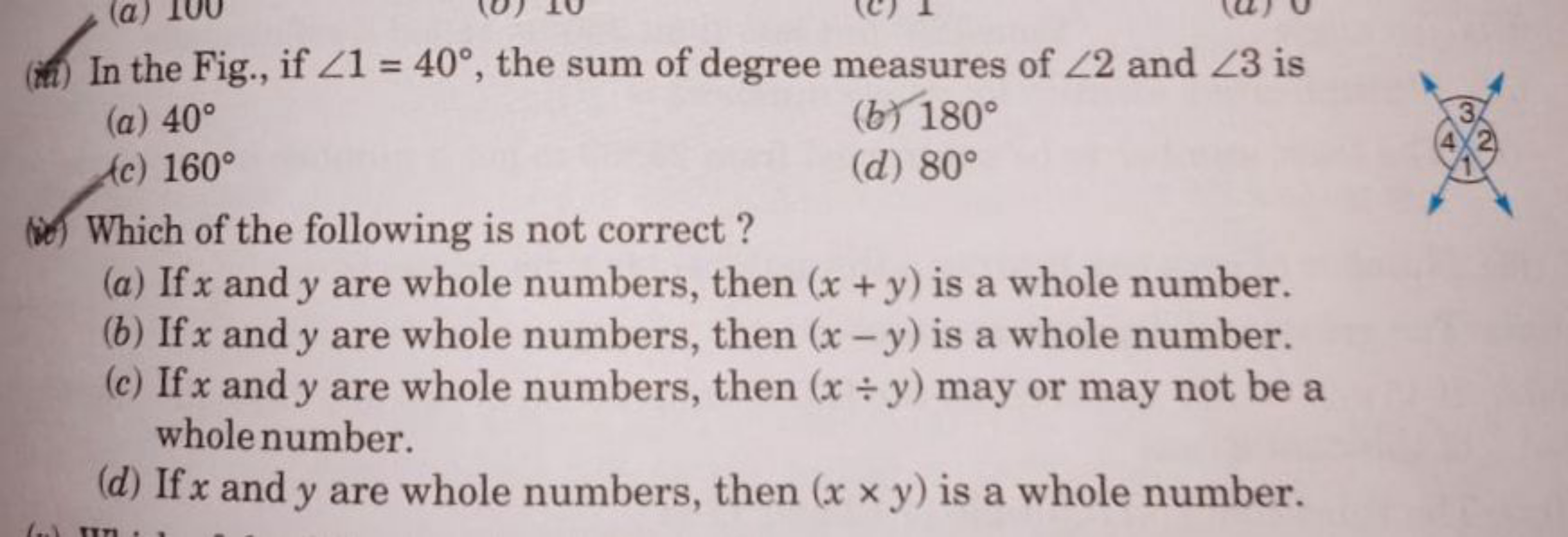 (mi) In the Fig., if ∠1=40∘, the sum of degree measures of ∠2 and ∠3 i