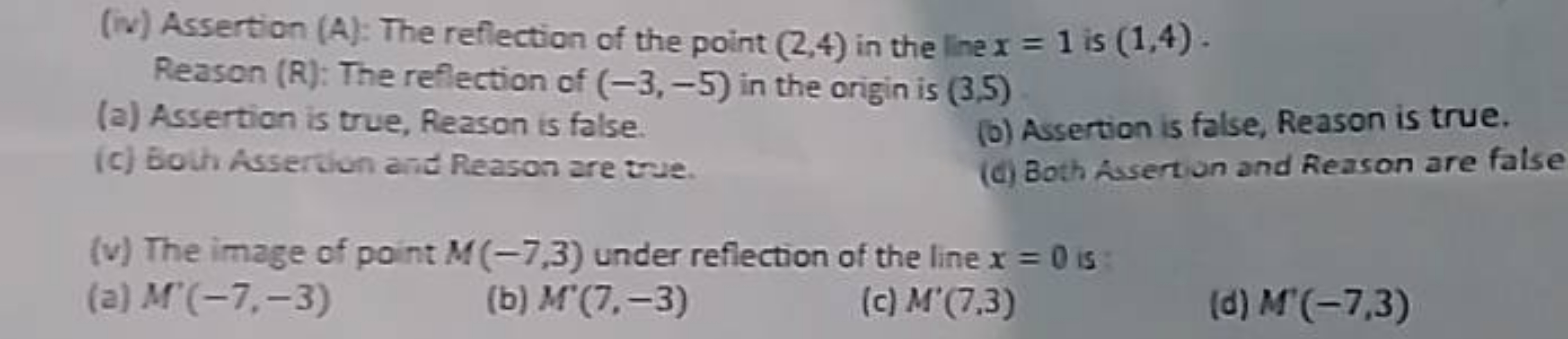 (iv) Assertion (A): The reflection of the point (2,4) in the line x=1 