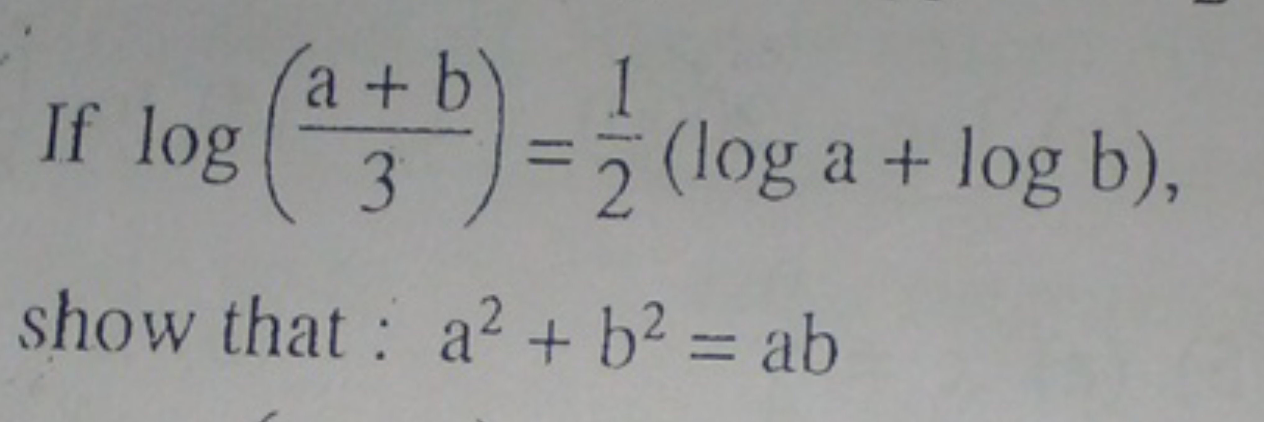 If log(3a+b​)=21​(loga+logb) show that : a2+b2=ab