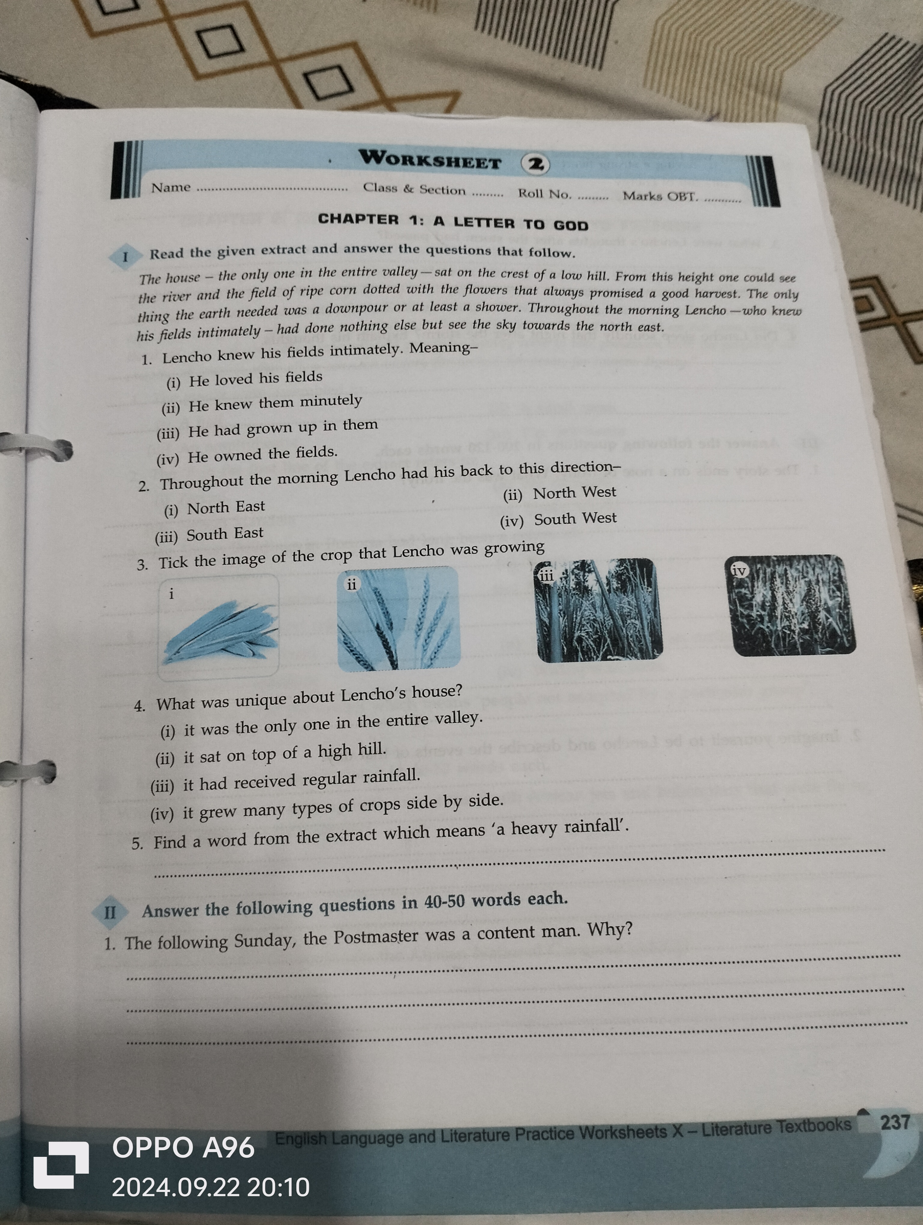 WORKSHEET
Name 
Class \& Section 
Roll No. 
Marks OBT. 
CHAPTER 1: A L