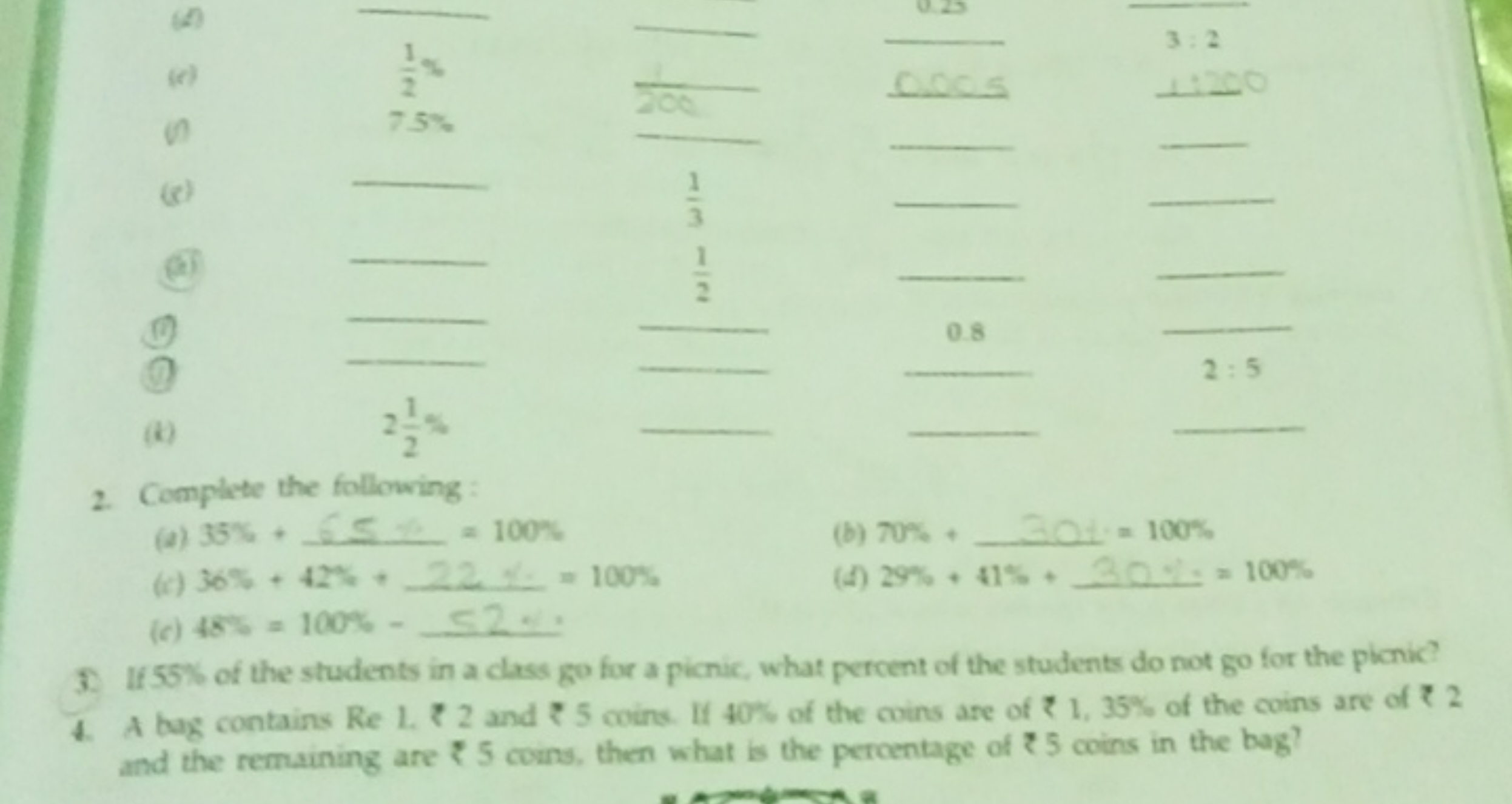 2. Complete the following :
(a) 35%+65%=100%
(b) 70%+201=100%
(b) 36%+