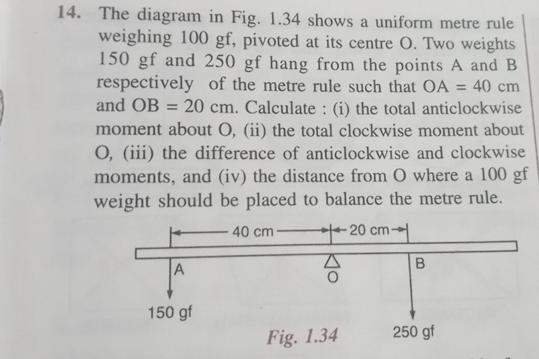 14. The diagram in Fig. 1.34 shows a uniform metre rule weighing 100 g