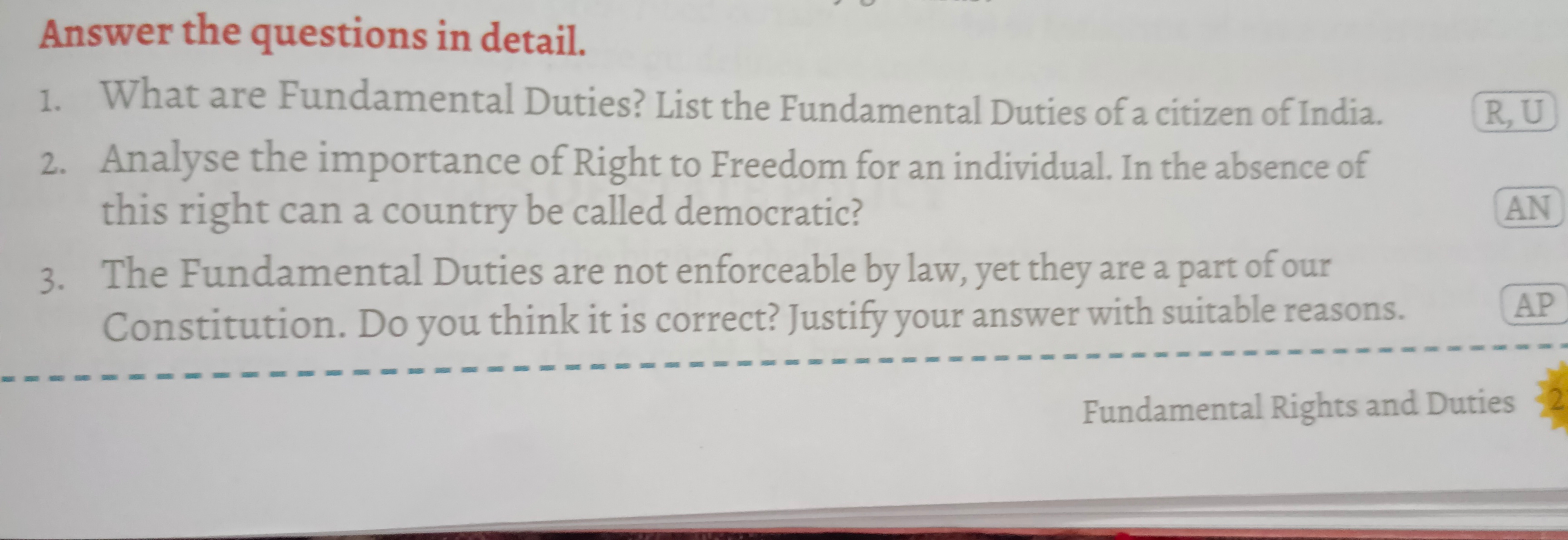 Answer the questions in detail.
1. What are Fundamental Duties? List t