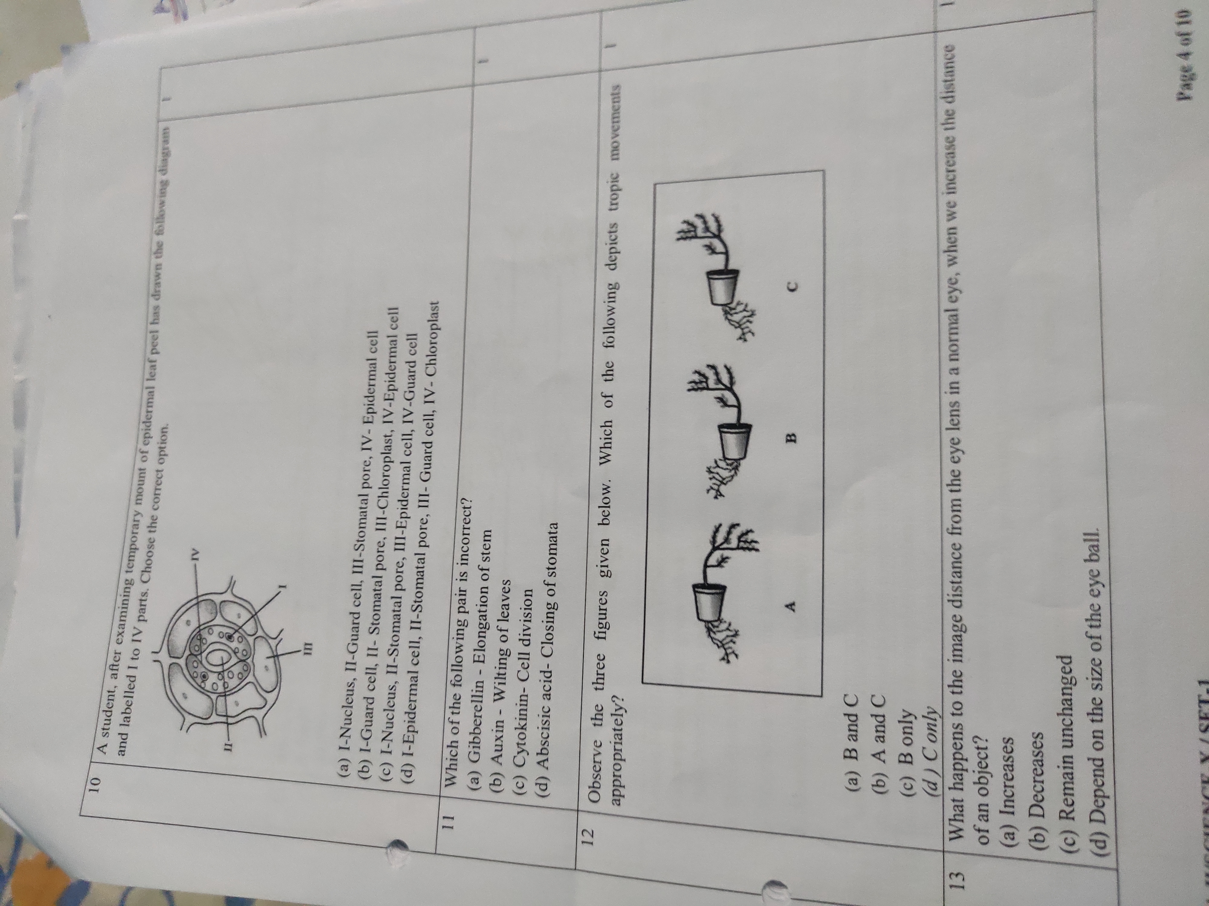 and labelled I to IV parts. Choose the correct option.
10 A student, a