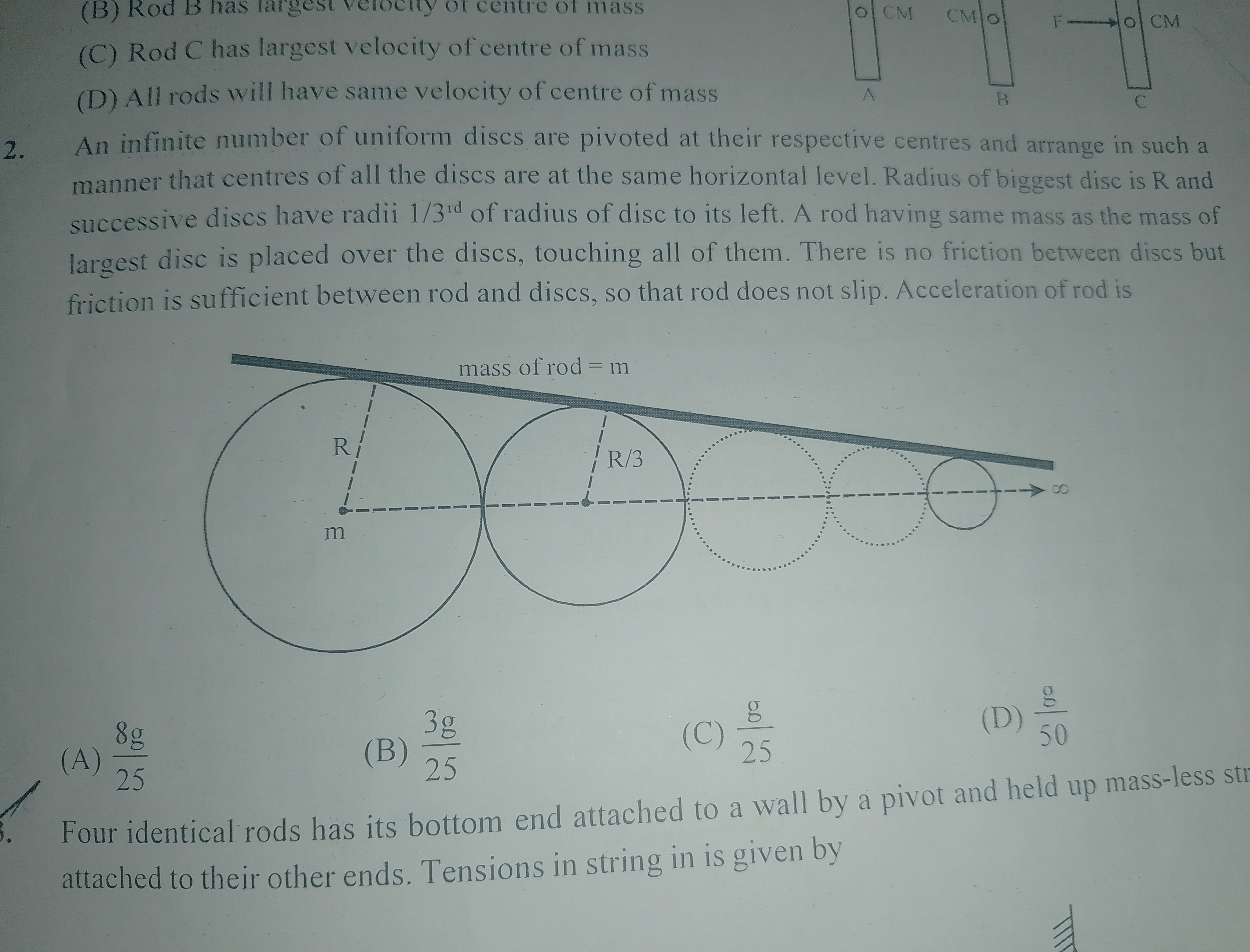 (B) Rod B has largest
of
tre of mass
0 CM CMO
O CM
(C) Rod C has large