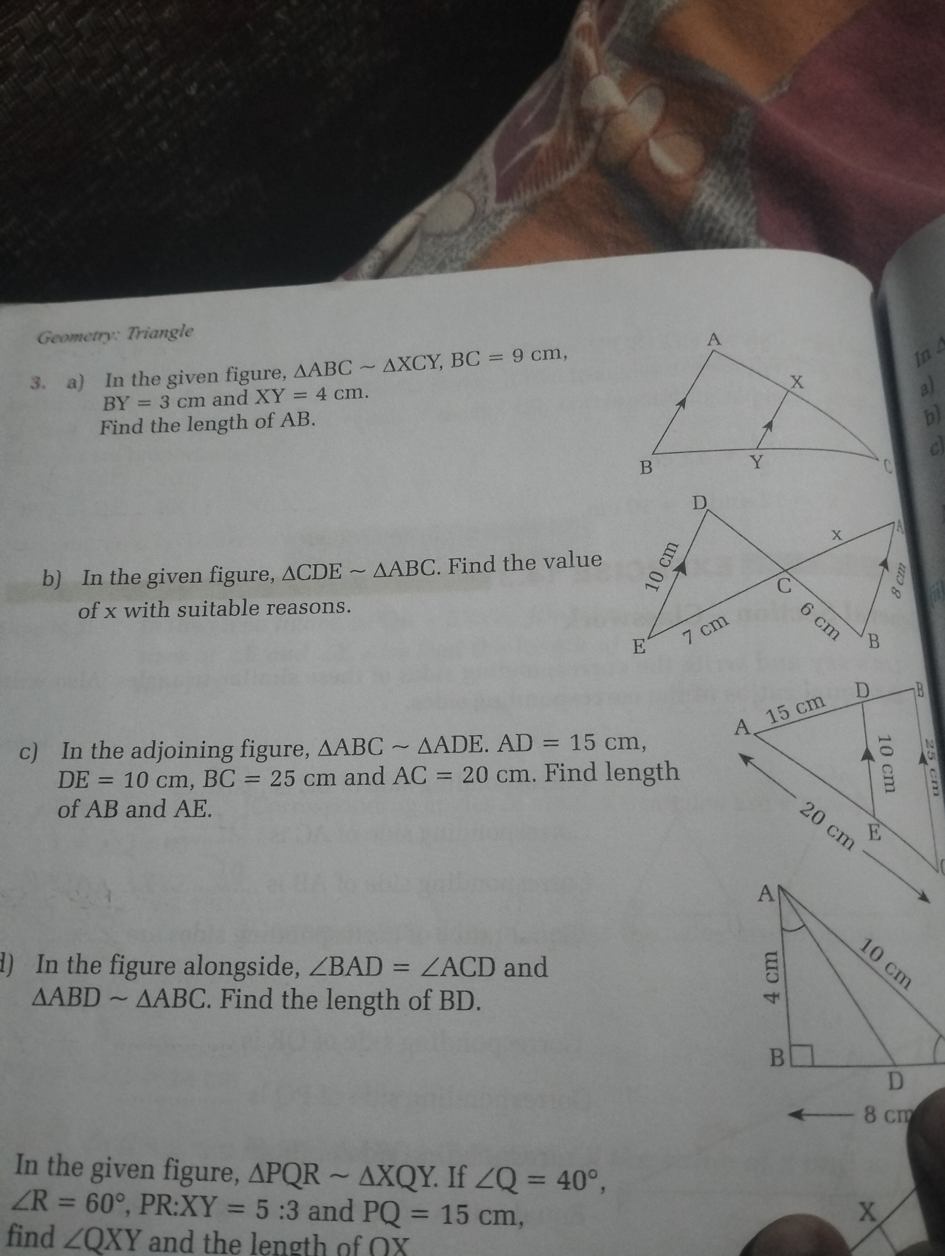 Geomotry: Triangle
3. a) In the given figure, △ABC∼△XCY,BC=9 cm, BY=3 