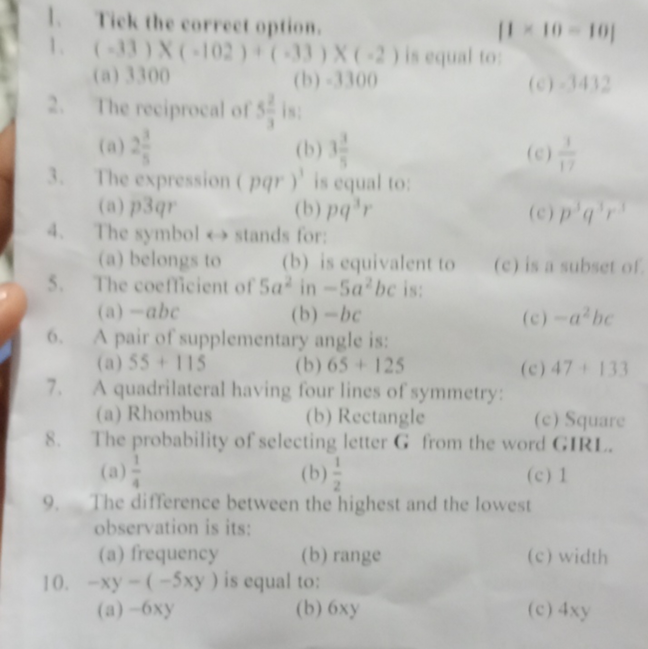 1. Tick the correct option.
1=(−11)×(=102)+(.11)×(−2) in equat to
[1×1