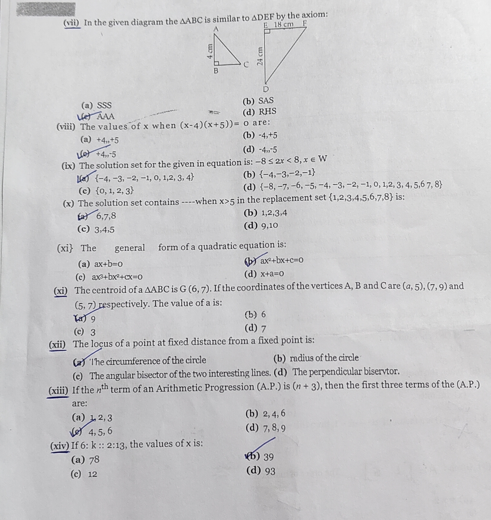 (vii) In the given diagram the △ABC is similar to △DEF by the axiom:
(