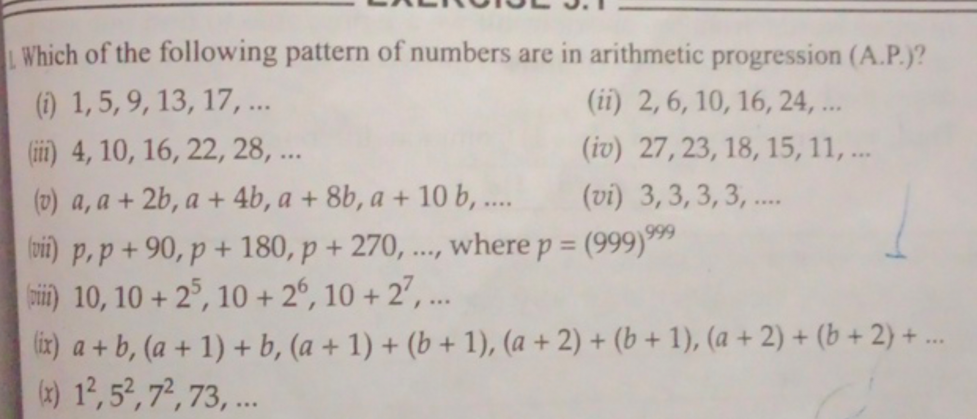 Which of the following pattern of numbers are in arithmetic progressio