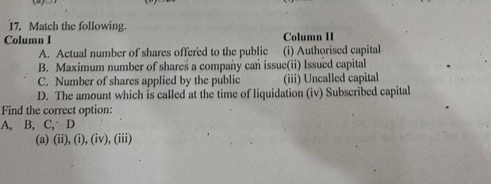 17. Match the following.

Column I
Column II
A. Actual number of share