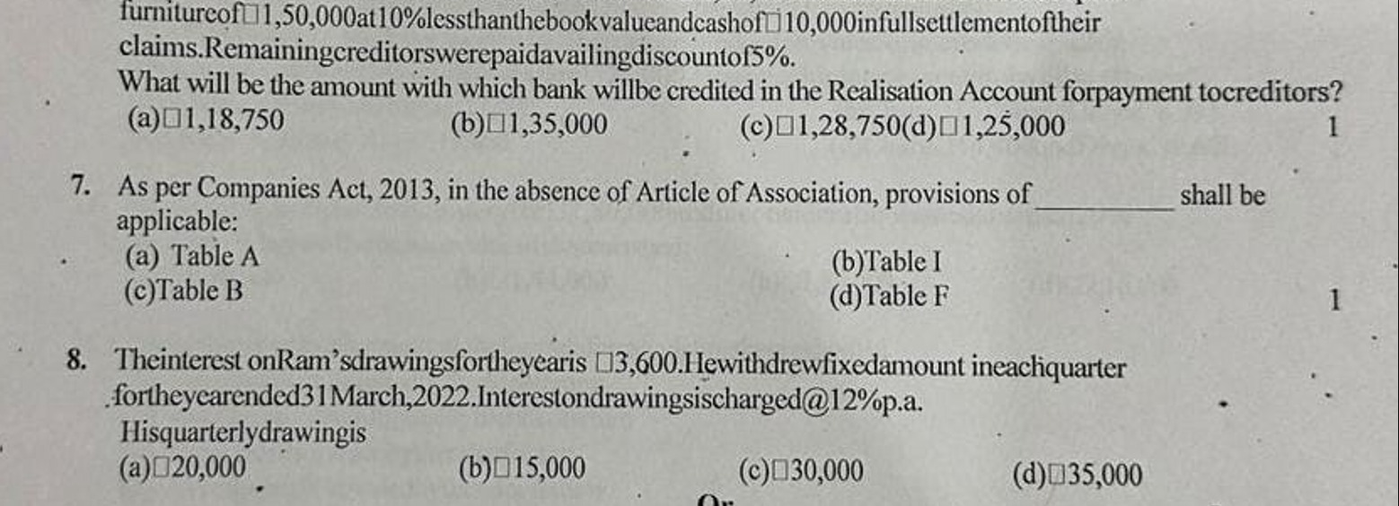 furnitureof 1,50,000at10\%lessthanthebookvalueandcashof 10,000infullse