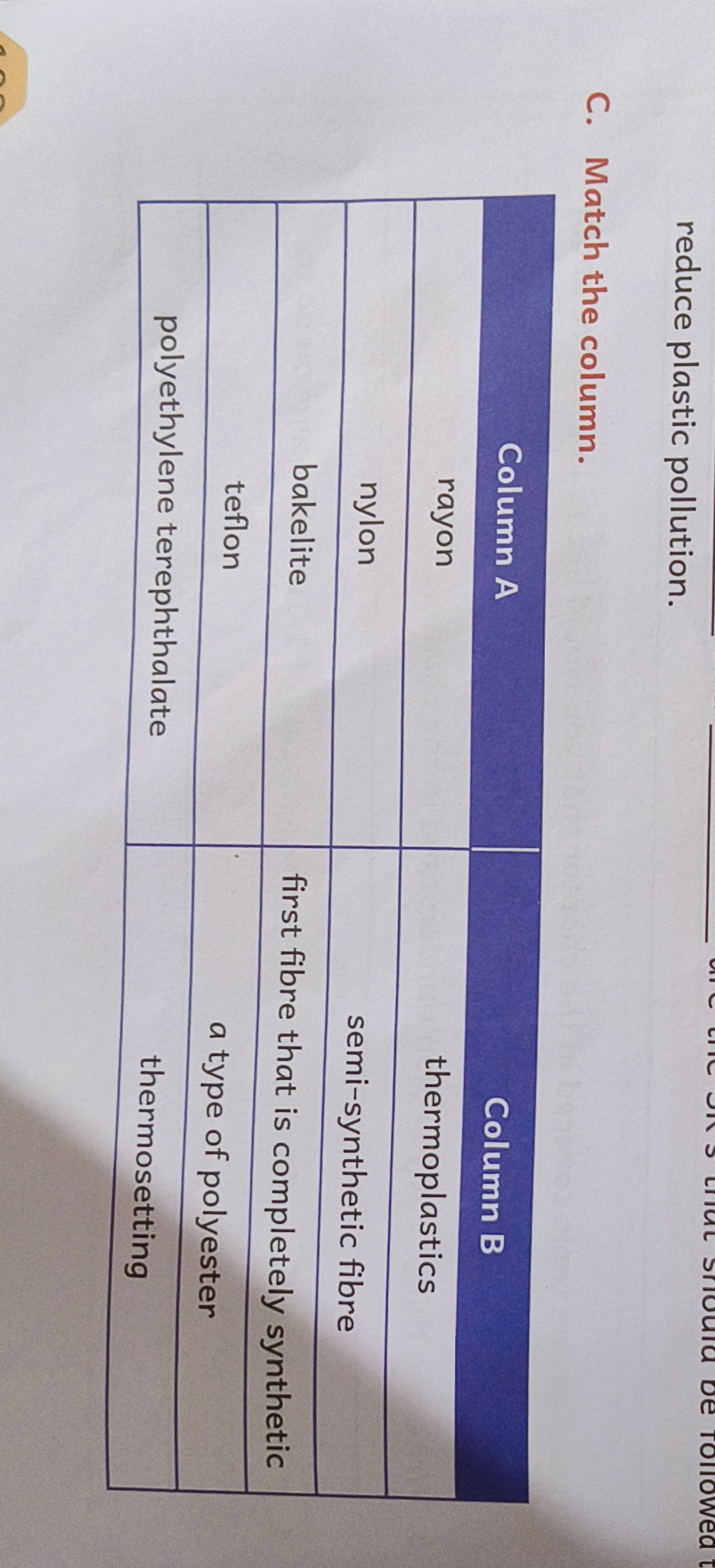 reduce plastic pollution.
C. Match the column.
\begin{tabular} { | c |