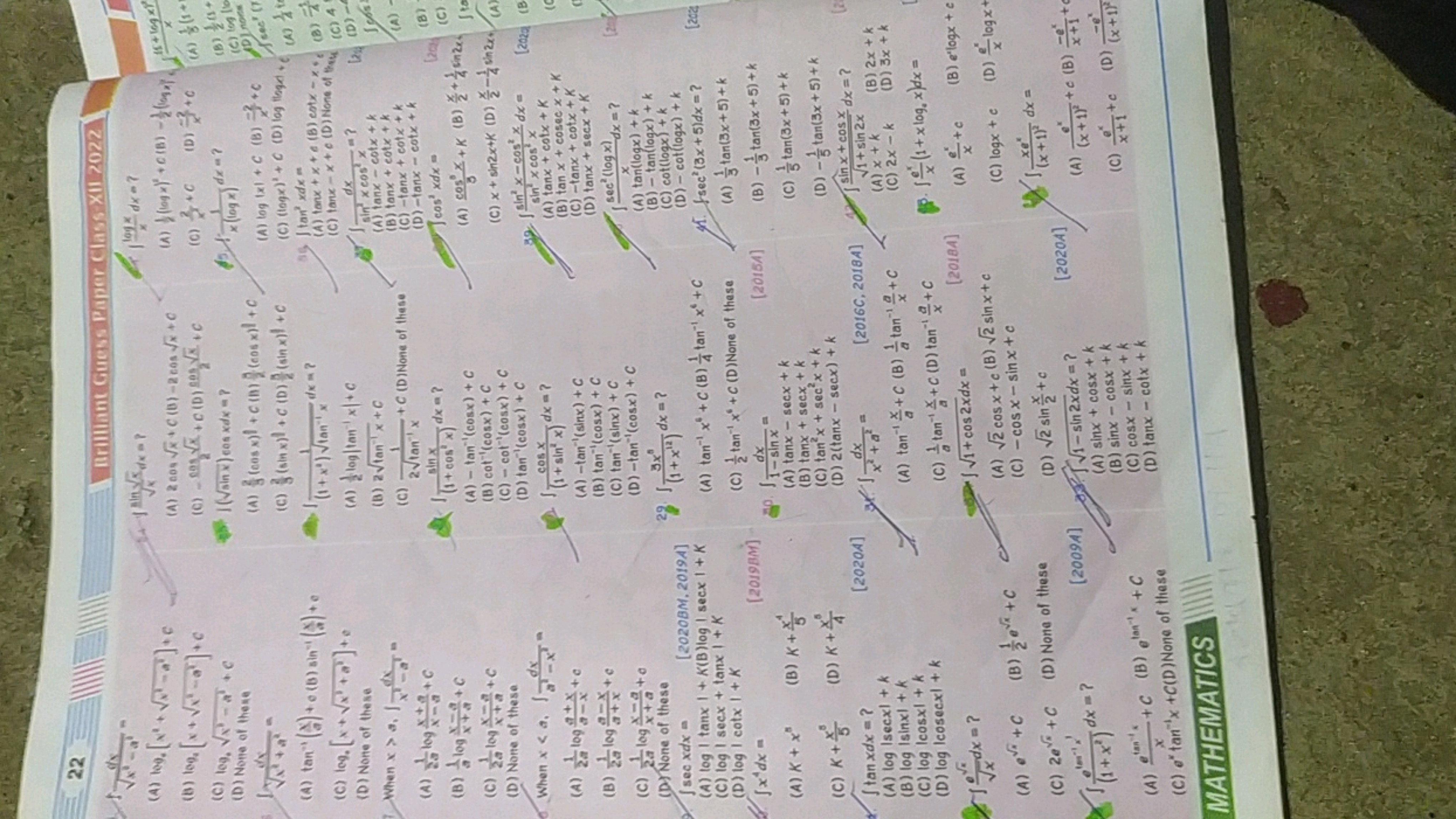 [2020A] tan(3x+5)+k sinx + cos x dx=? √√1+ sin 2x