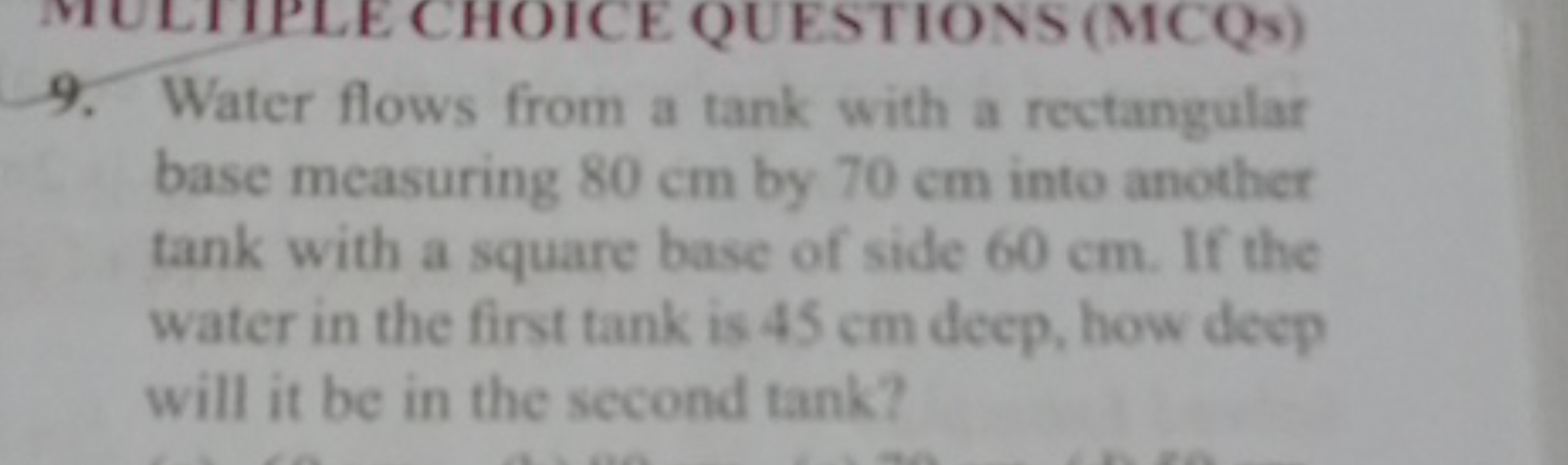 9. Water flows from a tank with a rectangular base measuring 80 cm by 