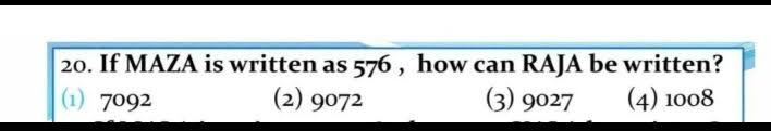 20. If MAZA is written as 576, how can RAJA be written?
(1) 7092
(2) 9