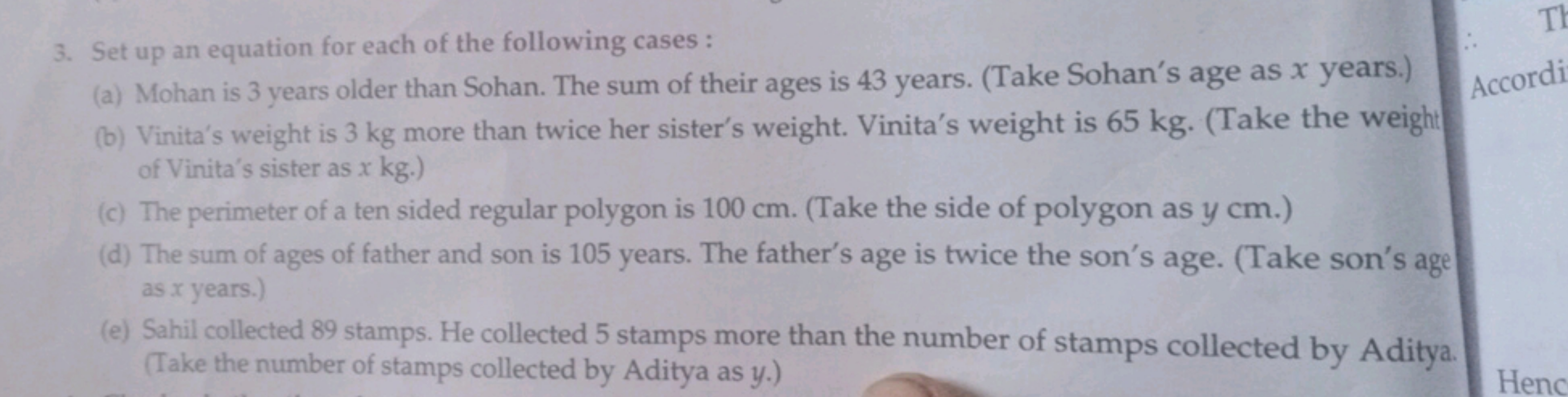 3. Set up an equation for each of the following cases :
(a) Mohan is 3