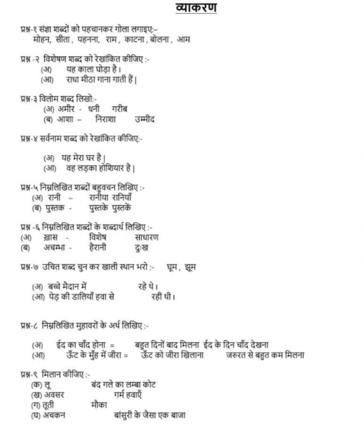 व्याकरण
प्रश्न-१ संज्ञा शब्दों को पहचानकर गोला लगाइए:-
मोहन, सीता, पहन