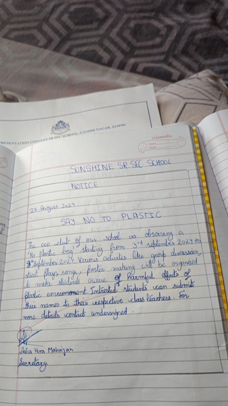 SUNSHINE SR. SEC. SCHOOL NOTICE
27. August 2024
SAY NO TO PLASTIC

The