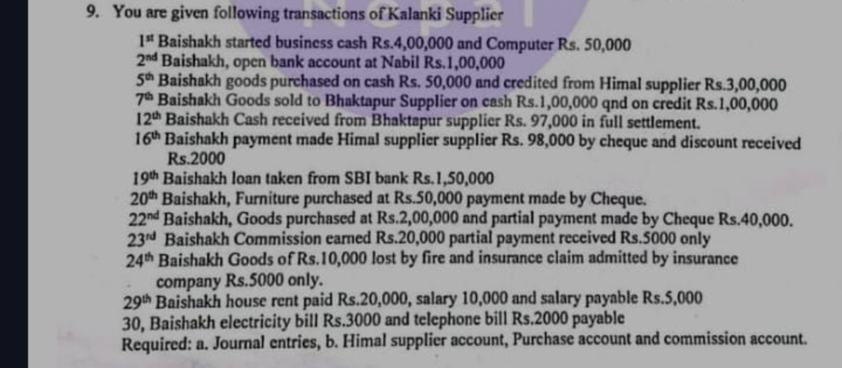 9. You are given following transactions of Kalanki Supplier
tt  Baisha