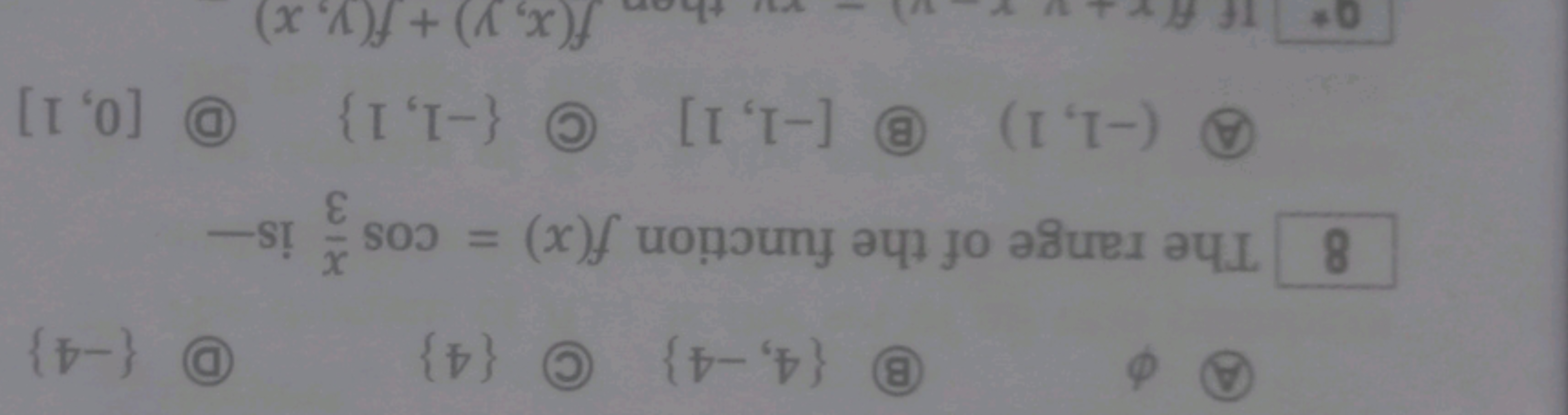 (A) ϕ
(B) {4,−4}
(C) {4}
(D) {−4}
8 The range of the function f(x)=cos