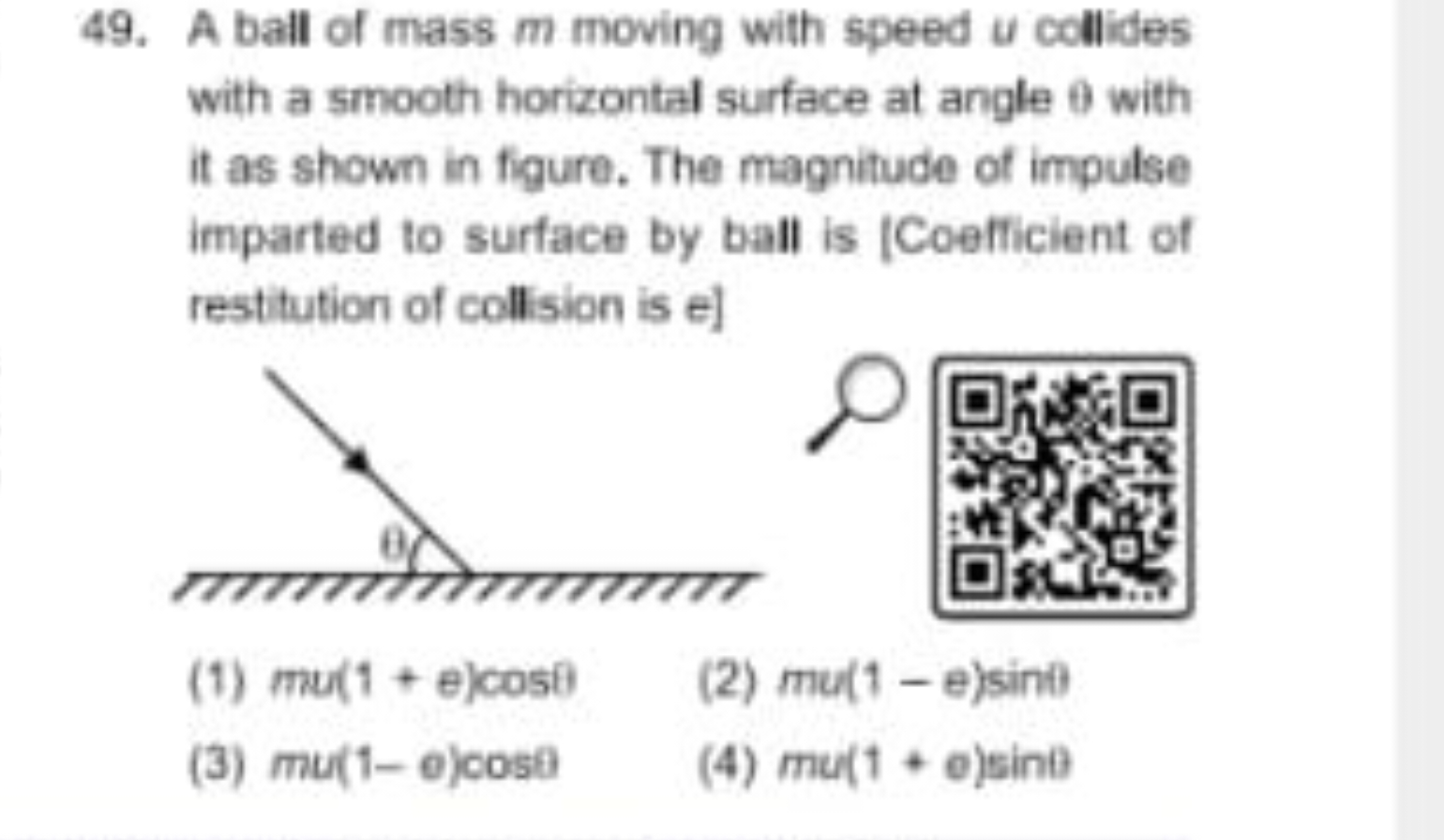 49. A ball of mass m moving with speed u collides with a smooth horizo