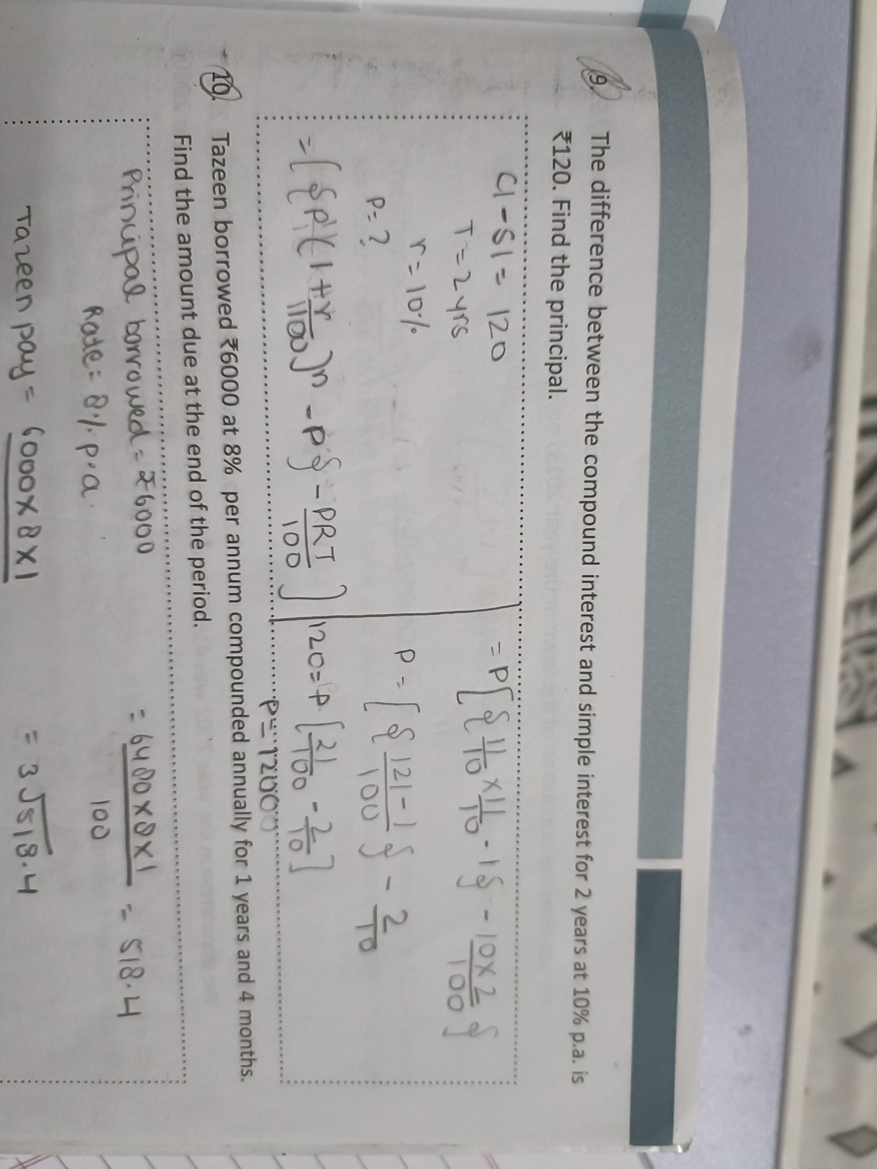 9. The difference between the compound interest and simple interest fo