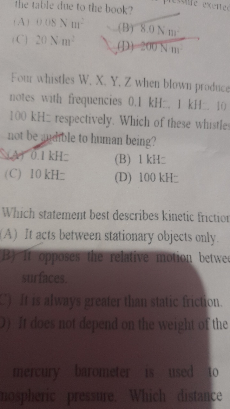 the table due to the book?
(A) 008 N m
(C) 20Nm2
(D) 8.0 N 111

Four w