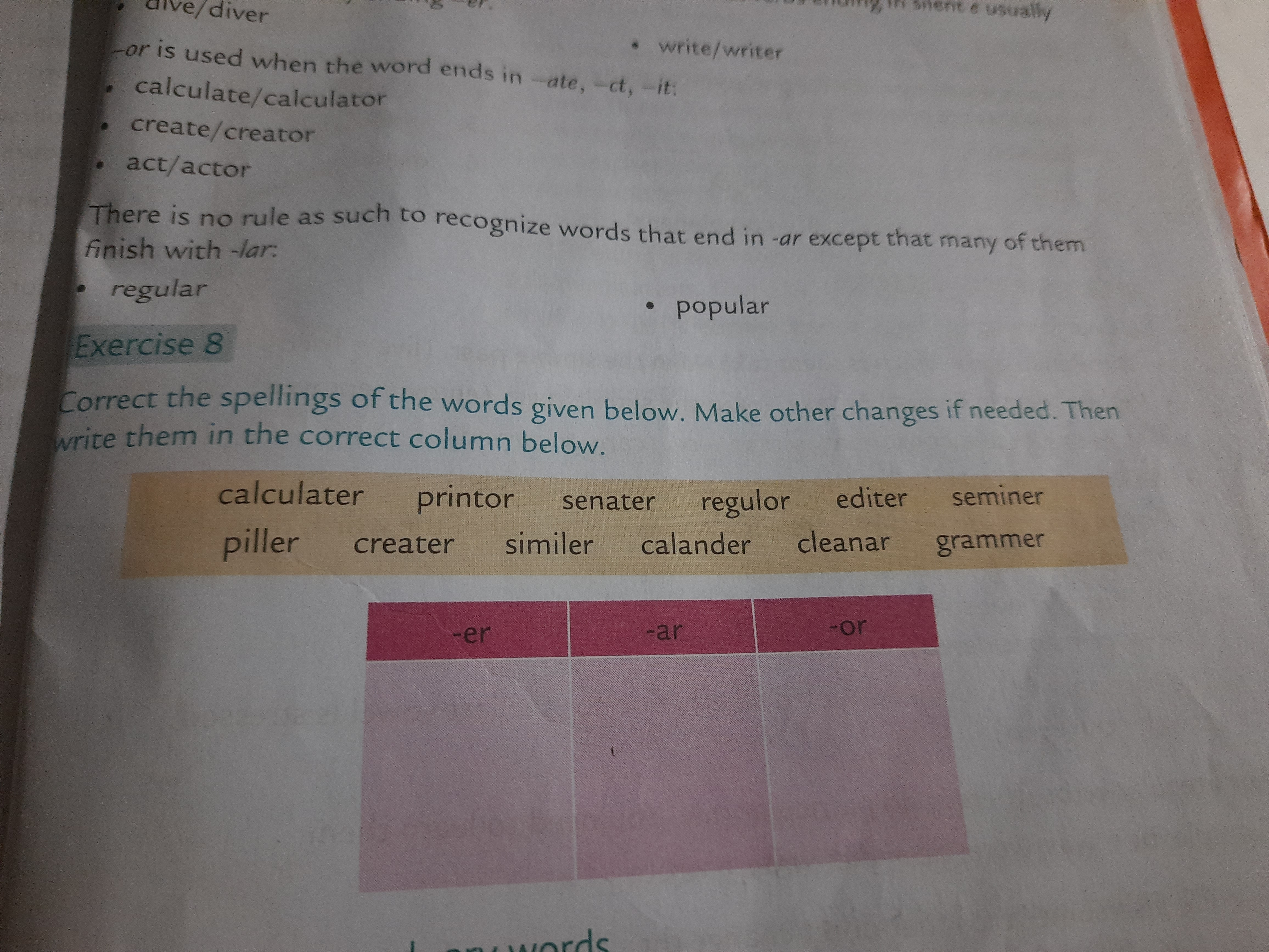 -or is used when the word ends in -ate, -ct, -it:
- calculate/calculat