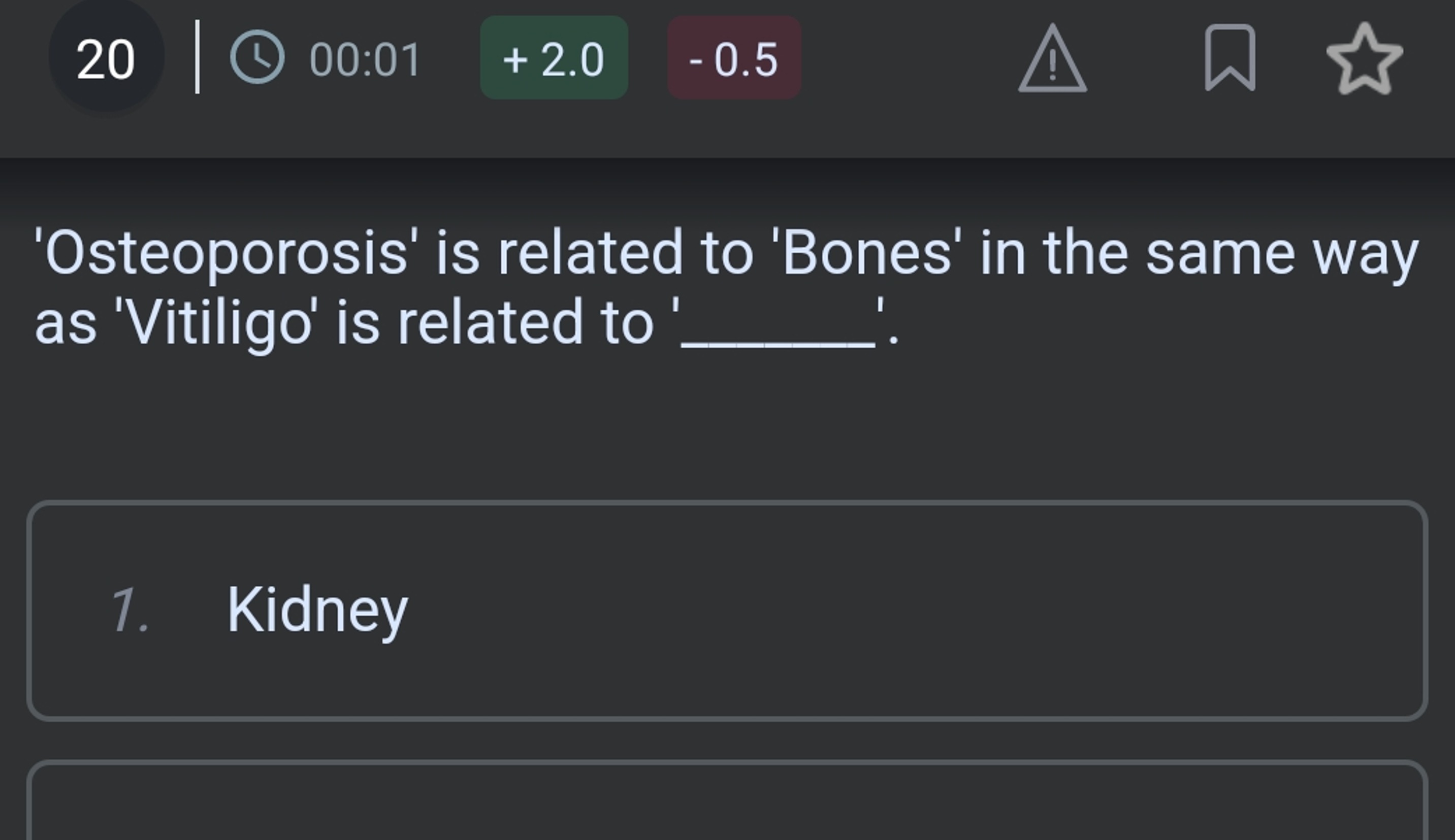 20
00:01
+2.0
−0.5
'Osteoporosis' is related to 'Bones' in the same wa