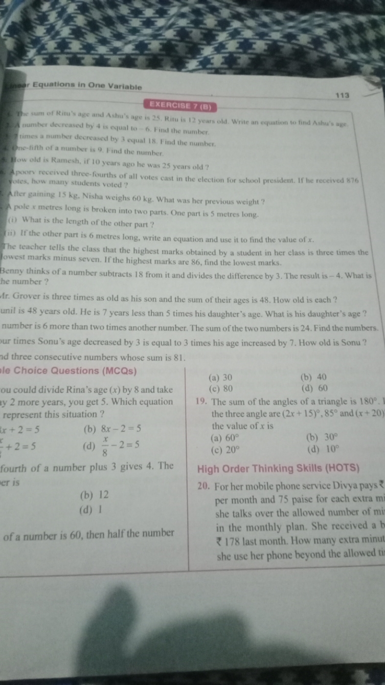 Equations in One Variable
113
EXERCISE 7 (B)
(4. The sum of Ritu's age