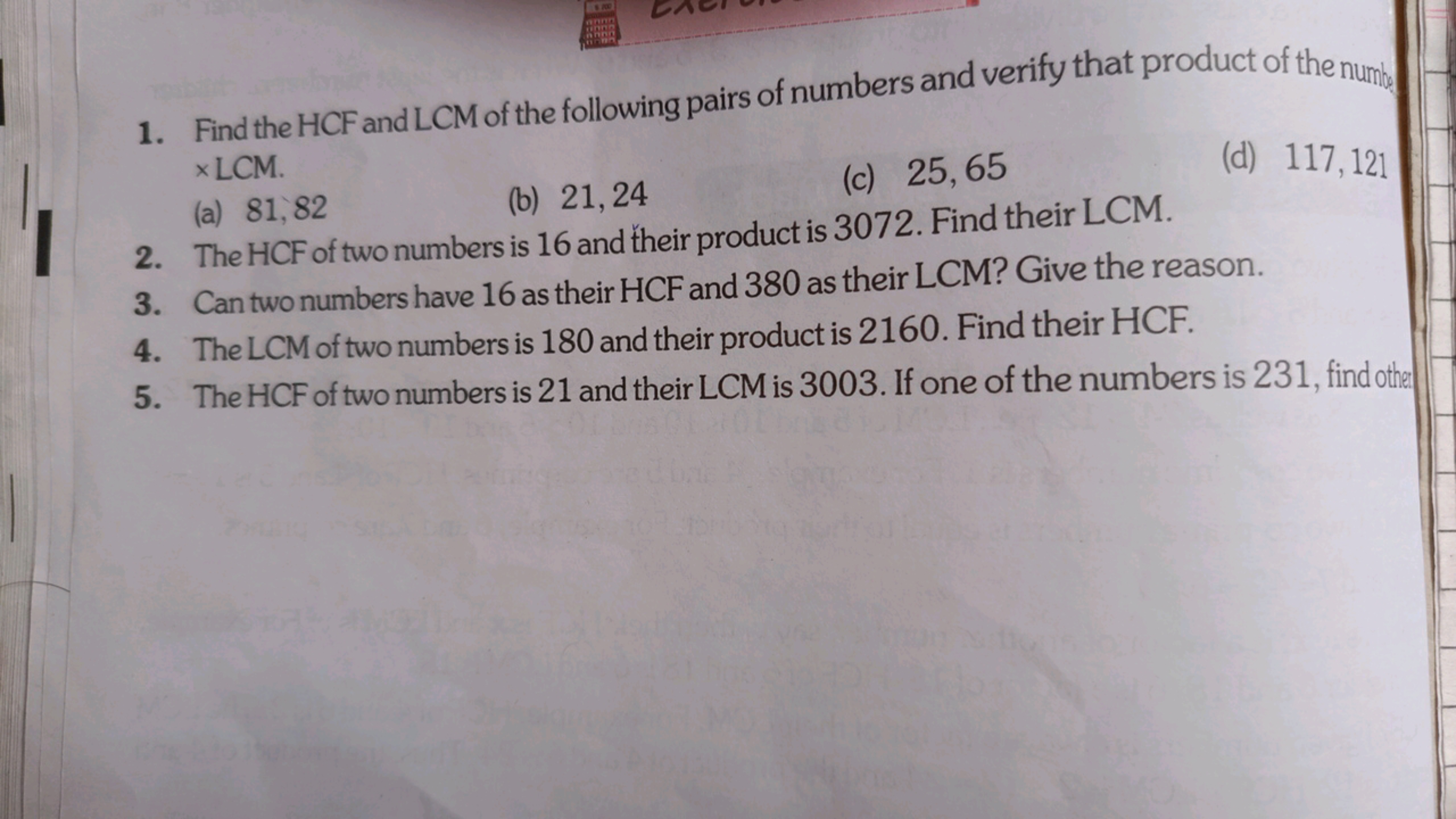 1. Find the HCF and LCM of the following pairs of numbers and verify t