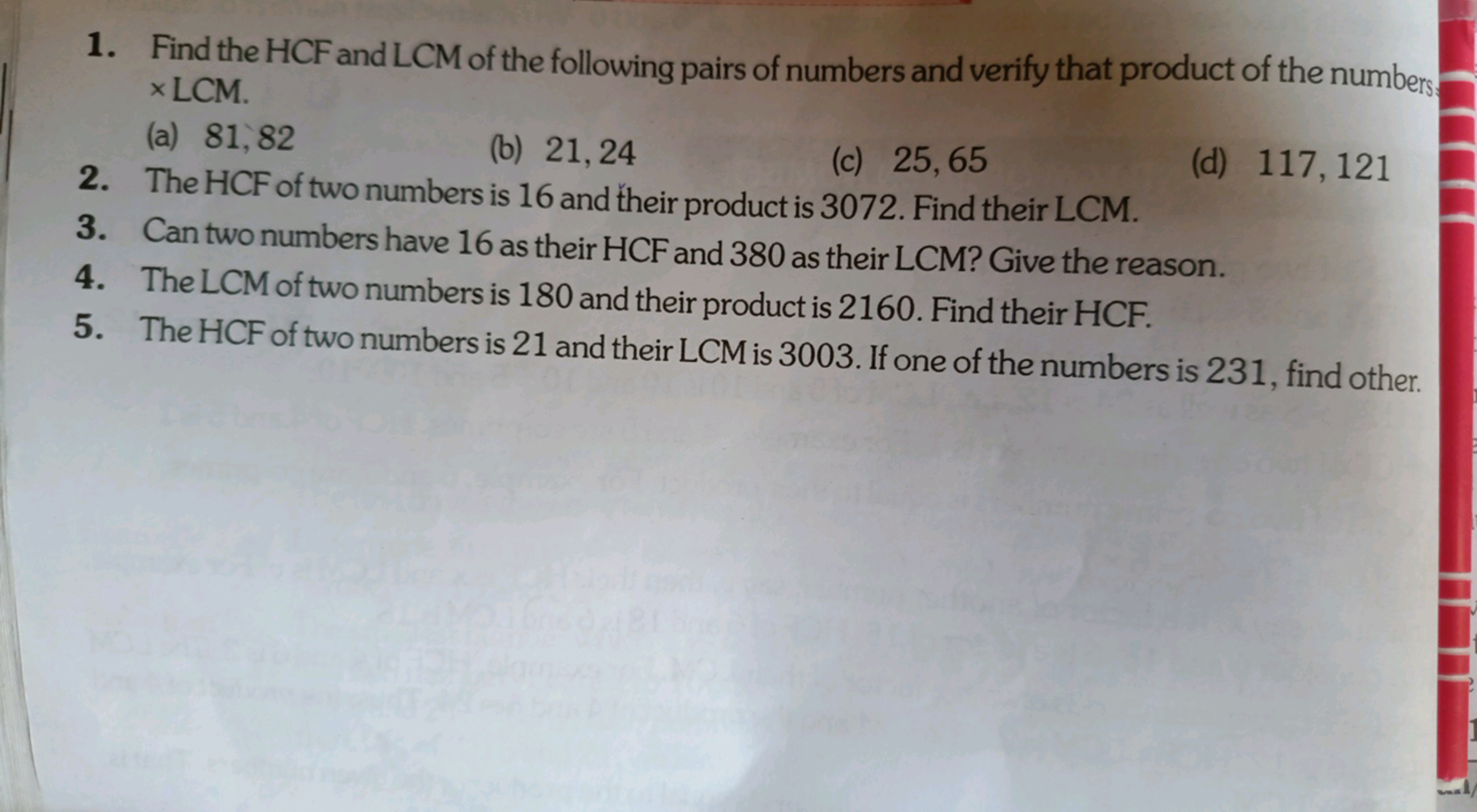 1. Find the HCF and LCM of the following pairs of numbers and verify t