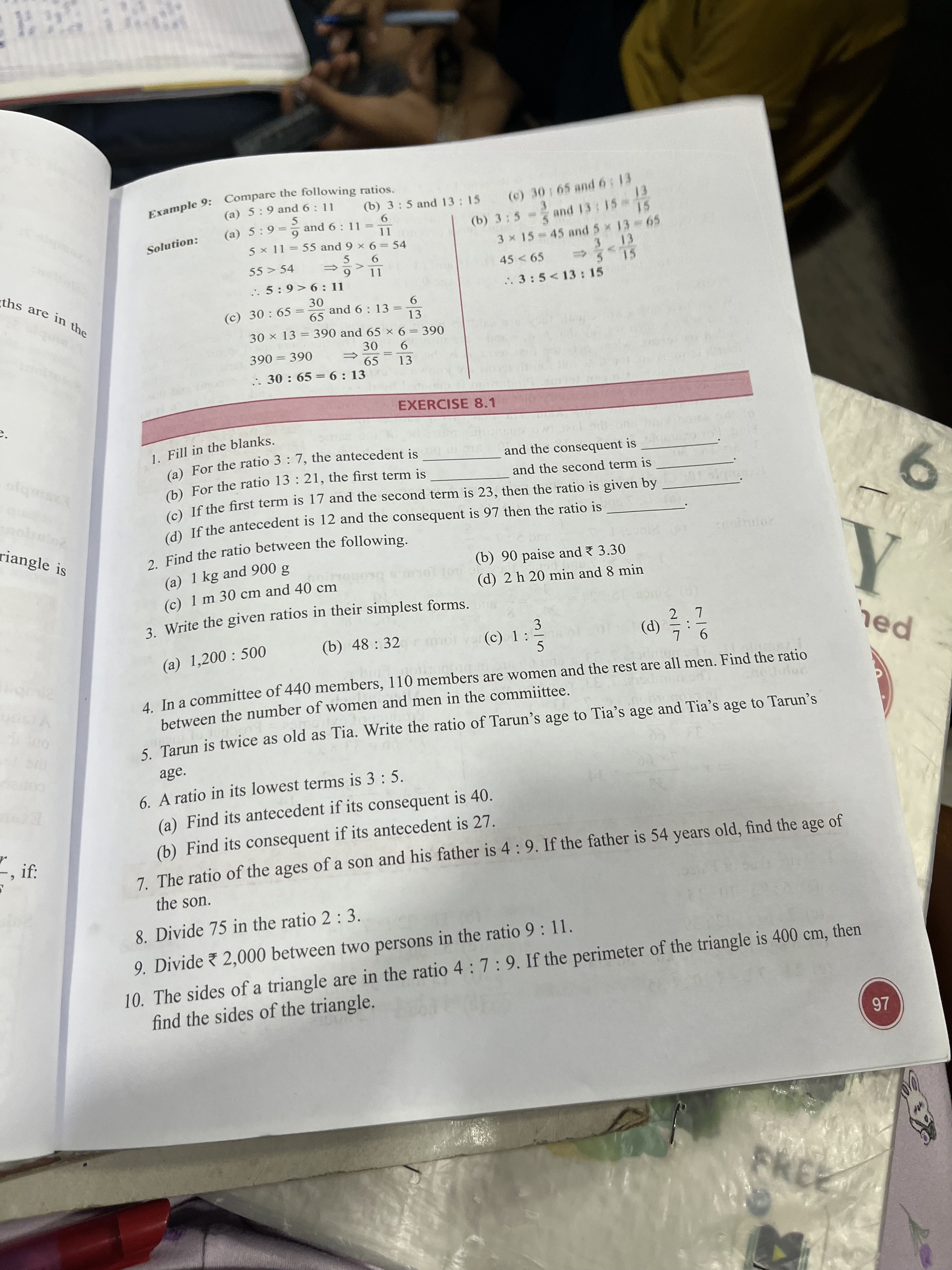 1
ths are in the
Example 9: Compare the following ratios.
(a) 5:9 and 