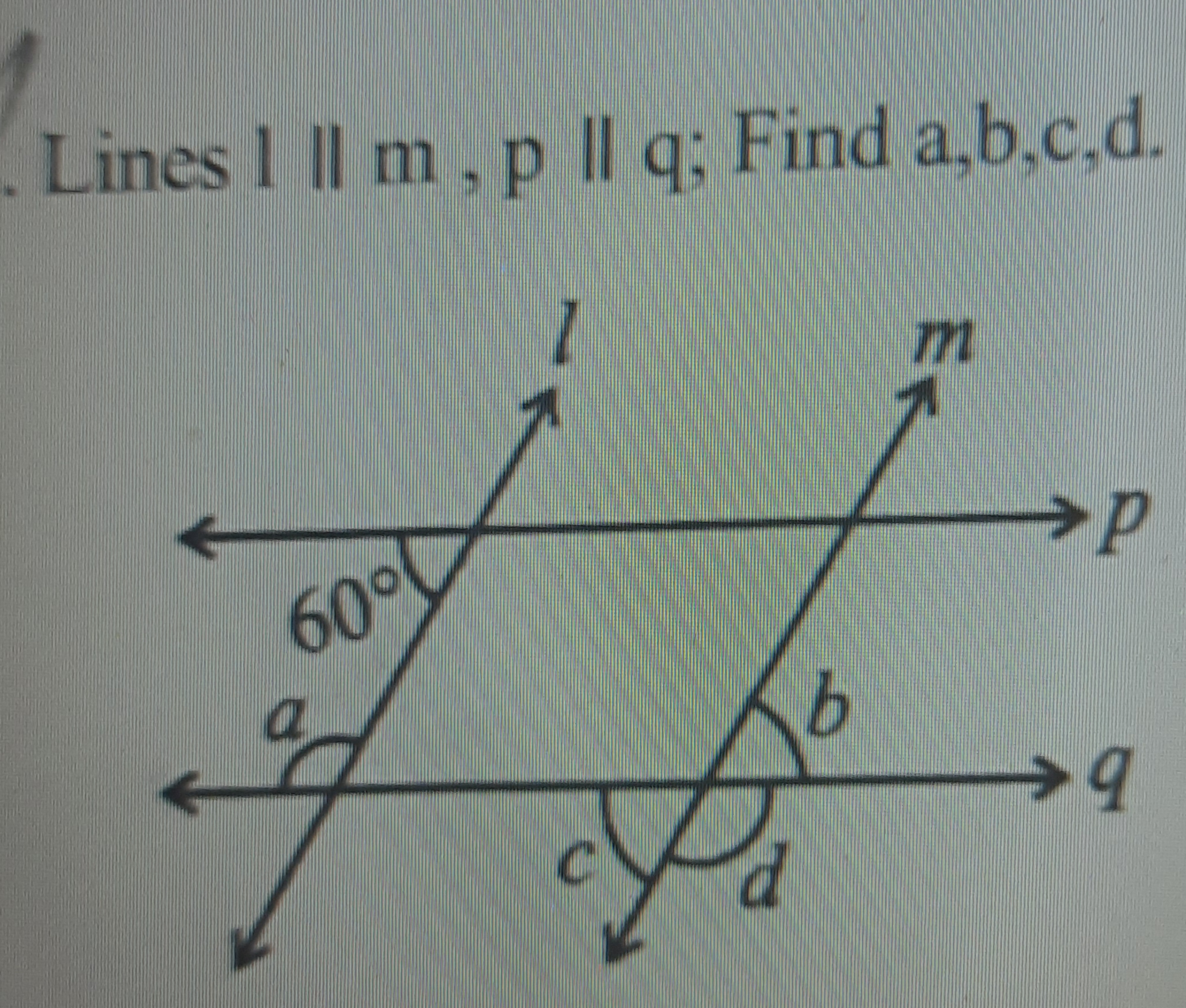 Lines 1∥ m,p∥q; Find a,b,c,d.