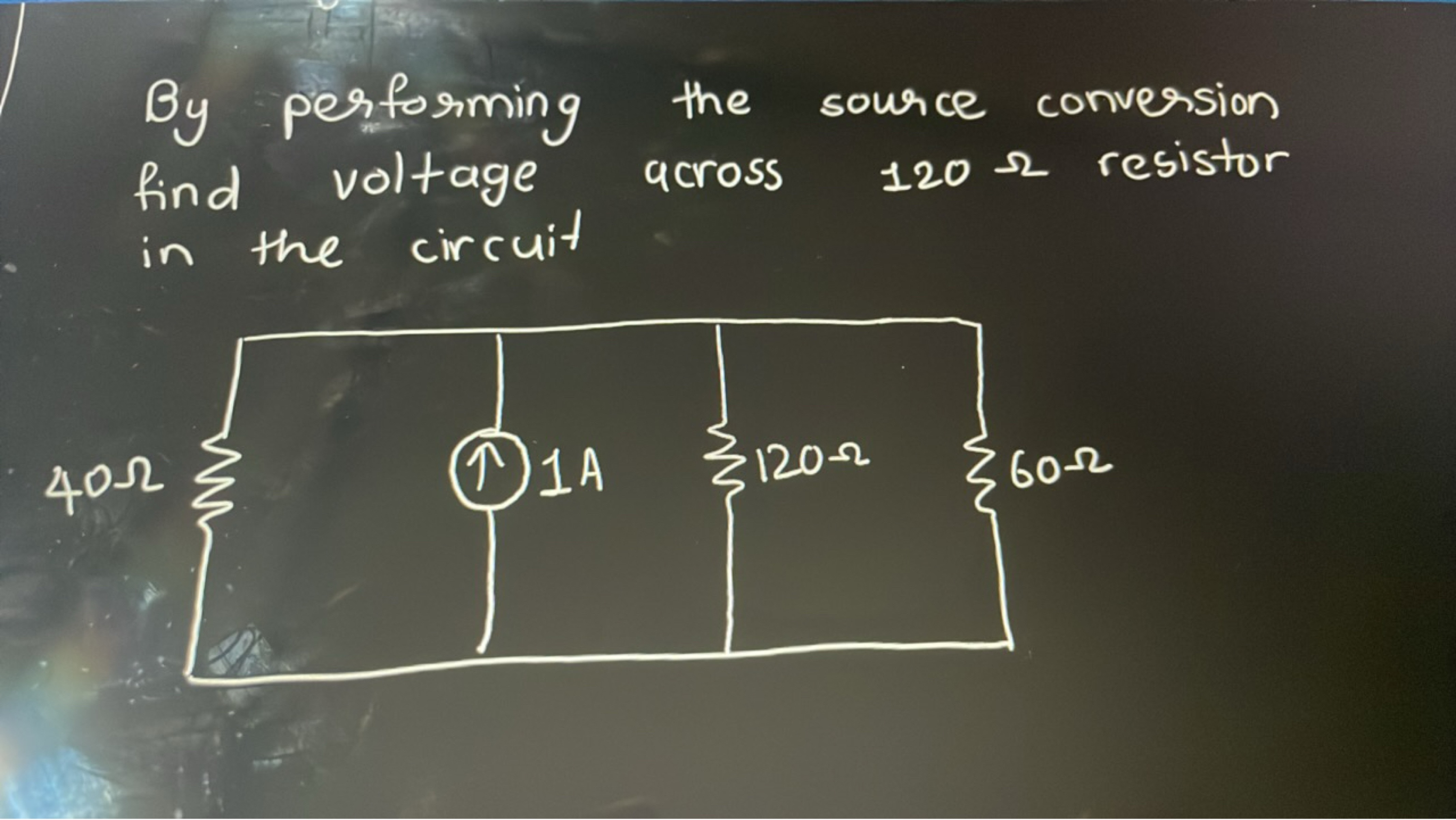 By performing the source conversion find voltage across 120Ω resistor 