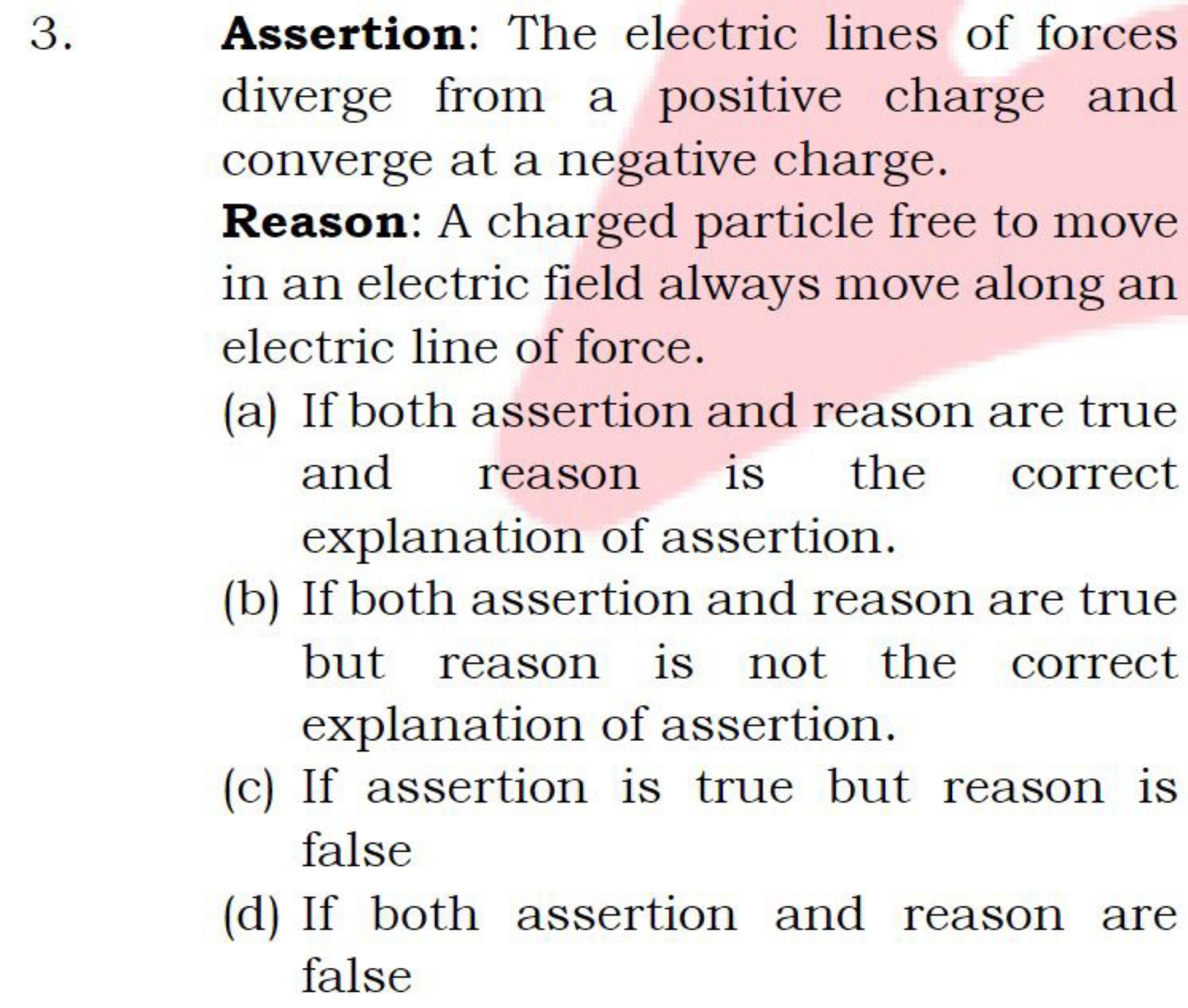 3. Assertion: The electric lines of forces diverge from a positive cha