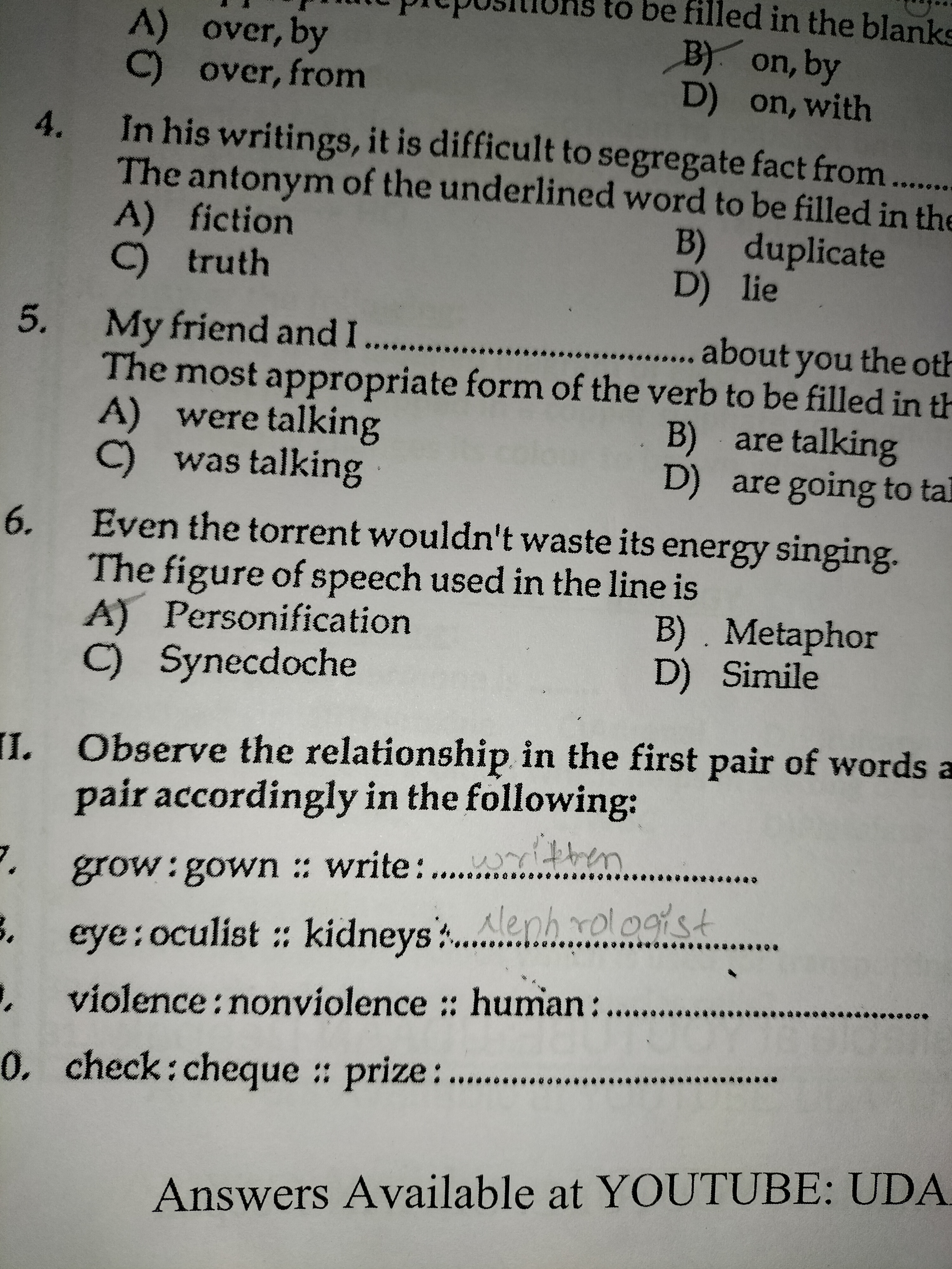 A) over, by
C) over, from
I
be filled in the blanks
B) on, by
D) on, w