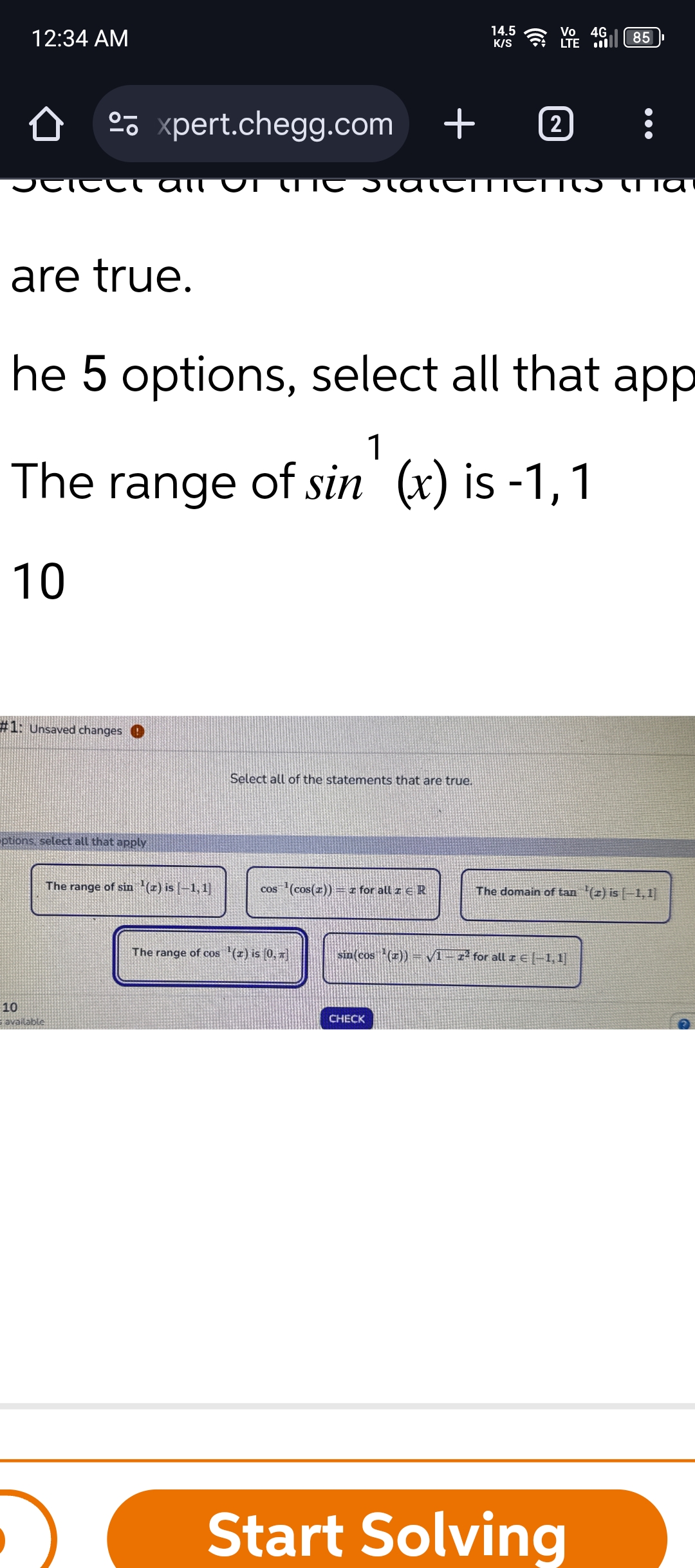 are true.
he 5 options, select all that app
The range of sin1(x) is −1