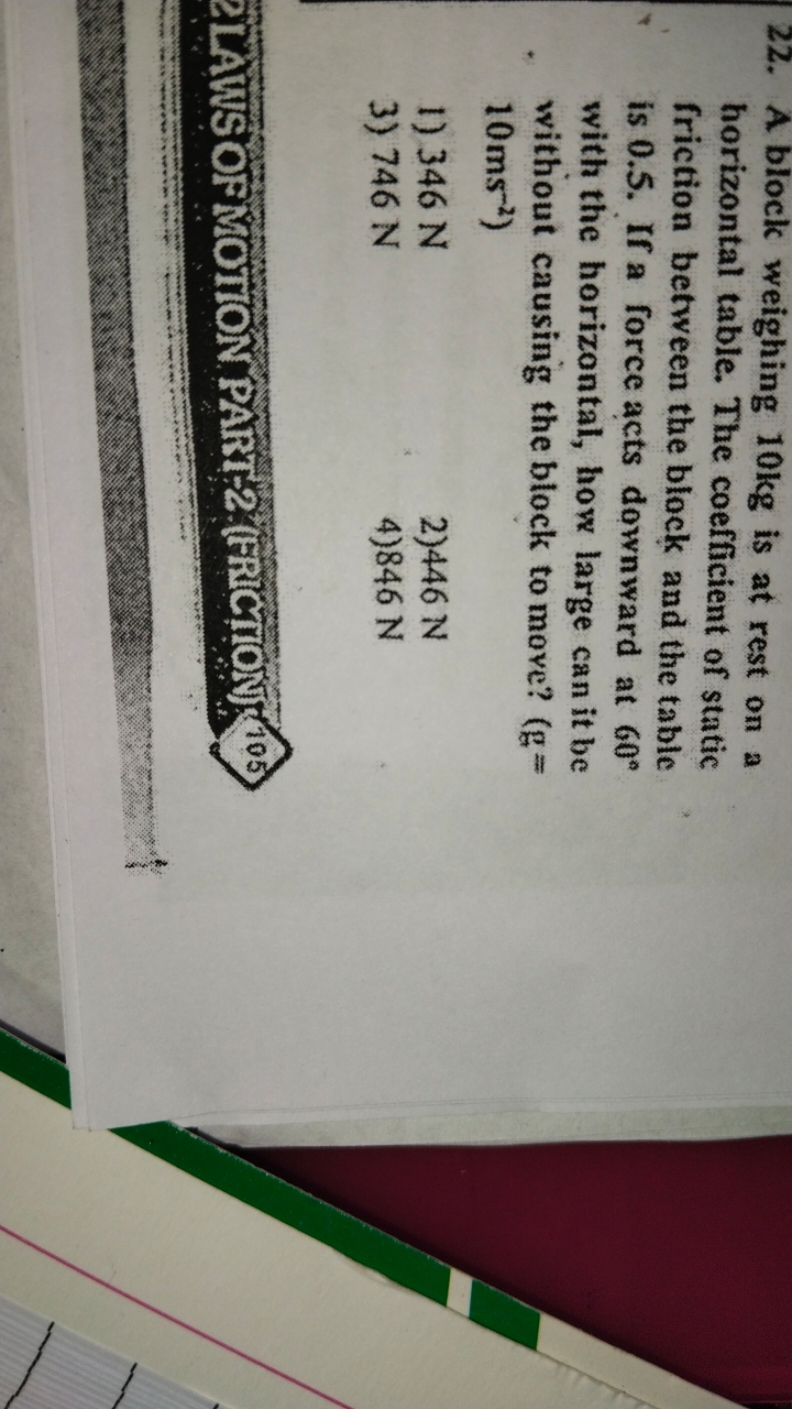 22. A block weighing 10 kg is at rest on a horizontal table. The coeff